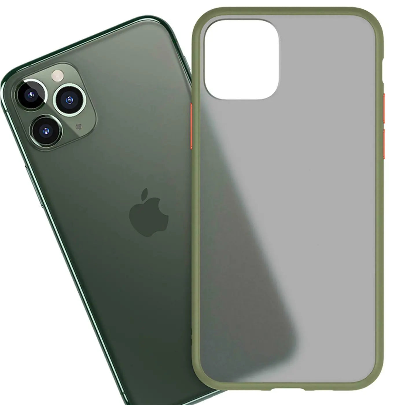 Grüne Hülle aus Kunststoff mit mattem Rückteil neben einem grünen iPhone 11 Pro.