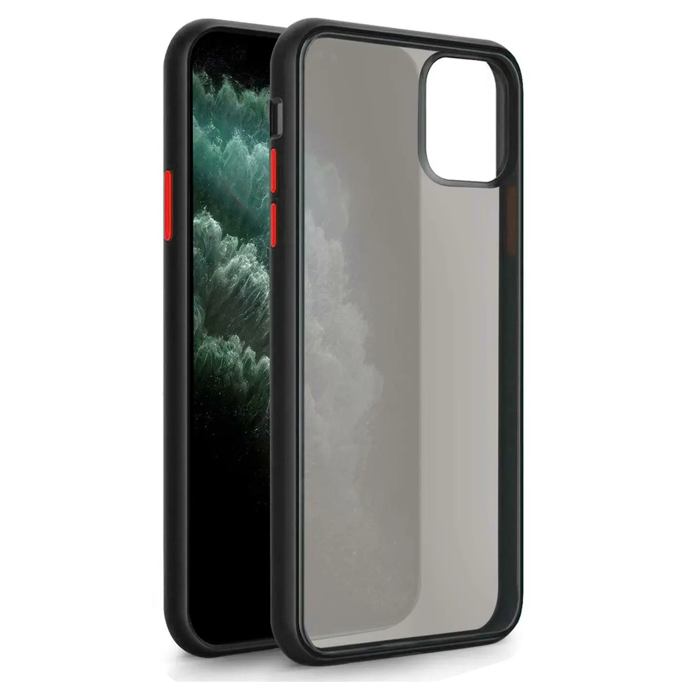 Schwarze Hülle, transparent/rauchgrau, von schräg vorne, iPhone 11 Pro Max