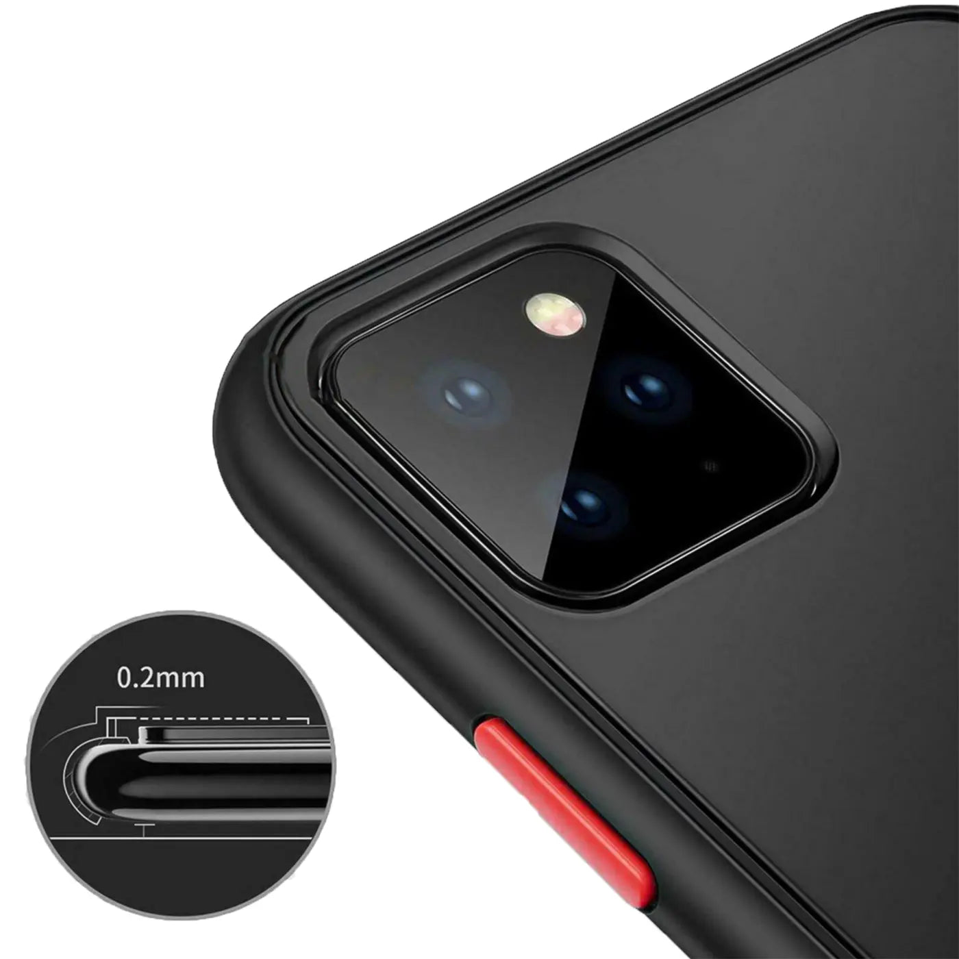 Schwarze Hülle, iPhone 11 Pro Max, Nahaufnahme, Kantenansicht, roter Knopf
