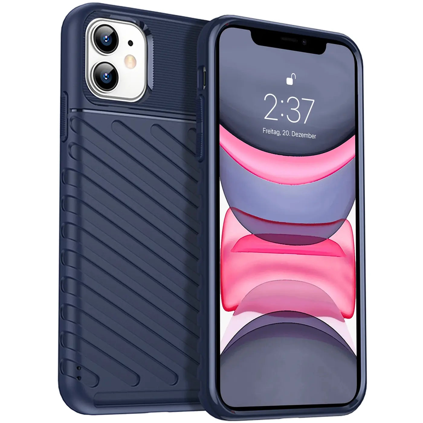 Dunkelblaue Hülle aus Kunststoff für iPhone 11, von vorne und hinten gezeigt.