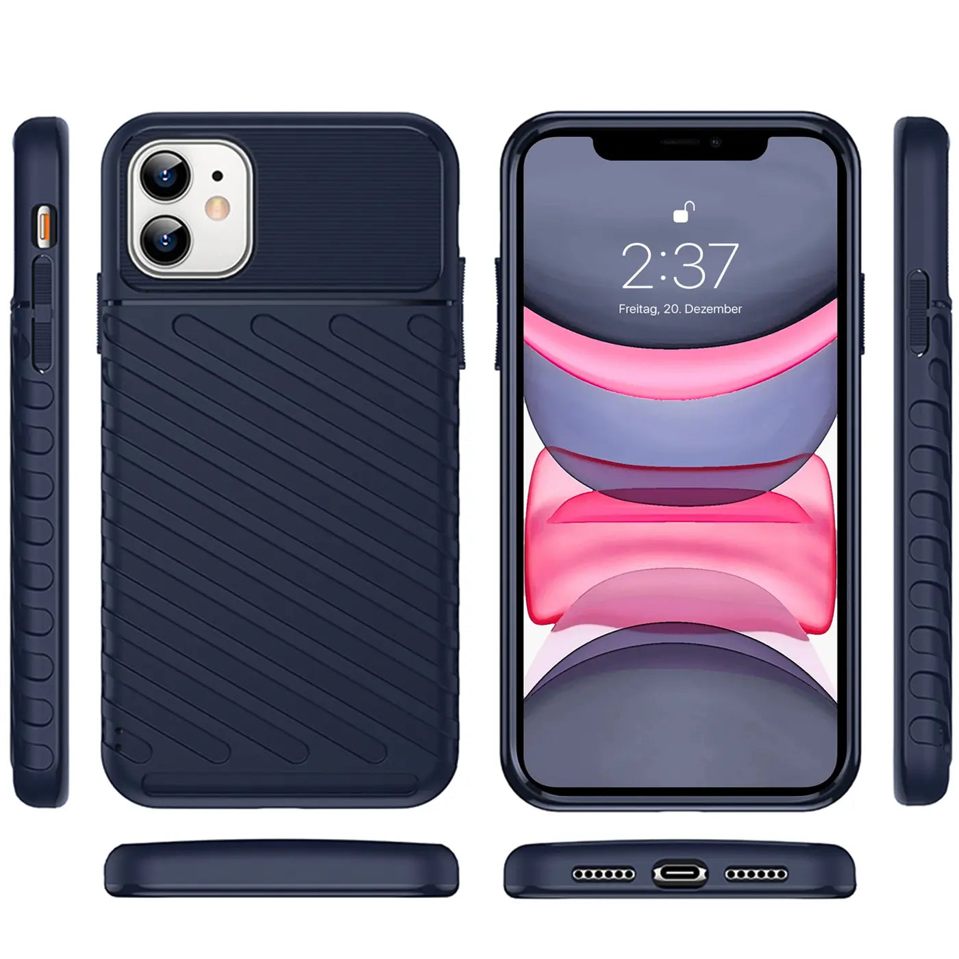 Dunkelblaue Hülle aus Gummi für iPhone 11, verschiedene Ansichten.