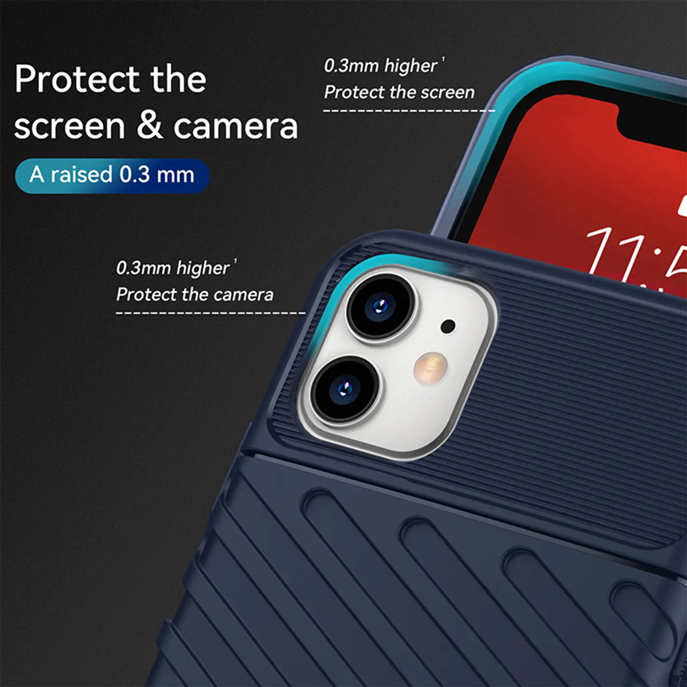 Dunkelblaue Handyhülle aus Kunststoff, Nahaufnahme der Rückseite eines iPhone 11 mit Kamera.