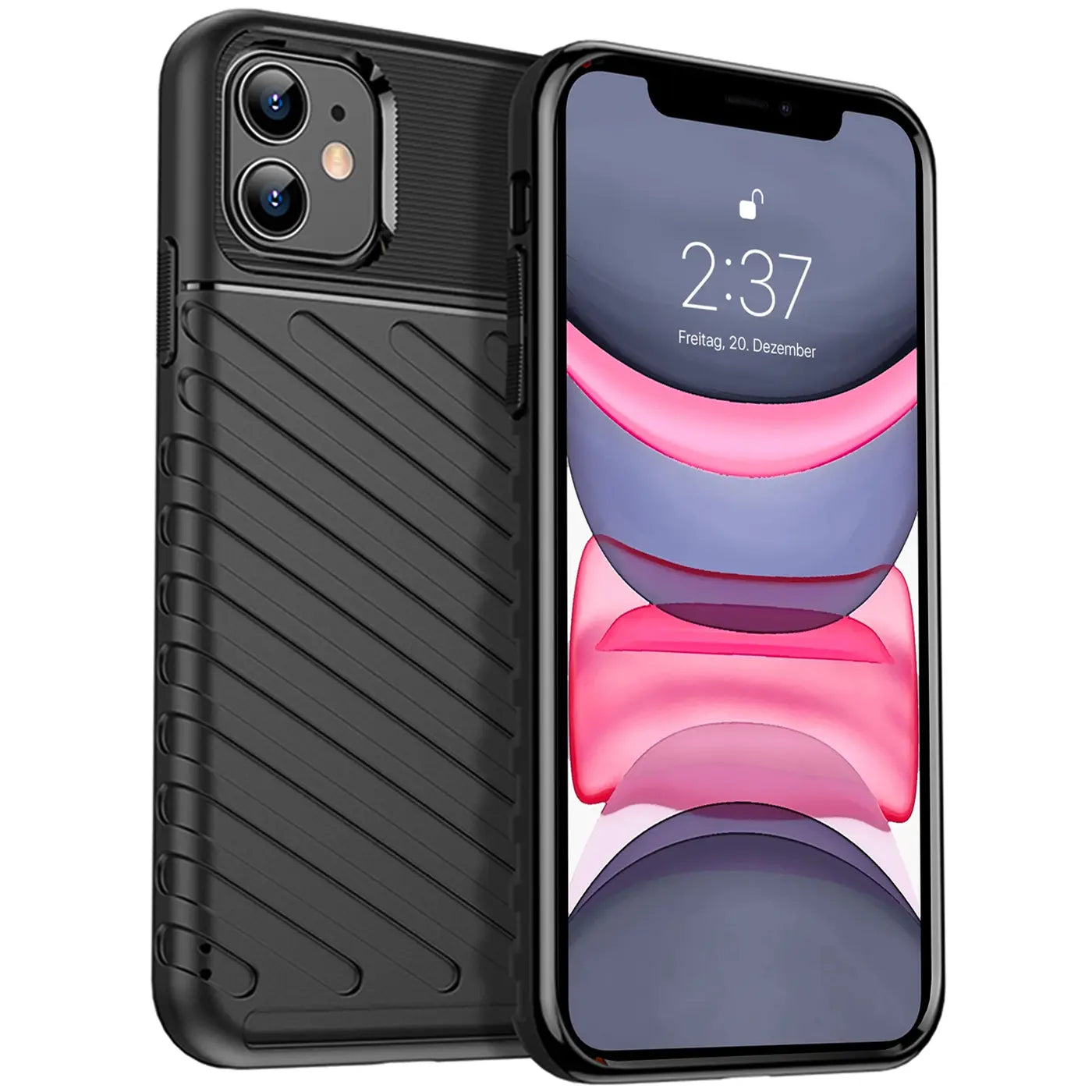 Schwarze Handyhülle aus Kunststoff mit Rillenmuster, seitliche Ansicht, iPhone 11 mit Display.