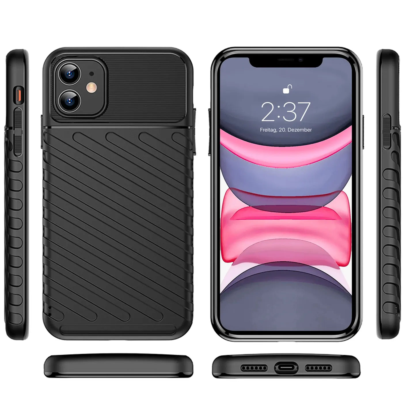 Schwarze Hülle aus Gummi für iPhone 11, verschiedene Ansichten, Vorderseite mit Display.