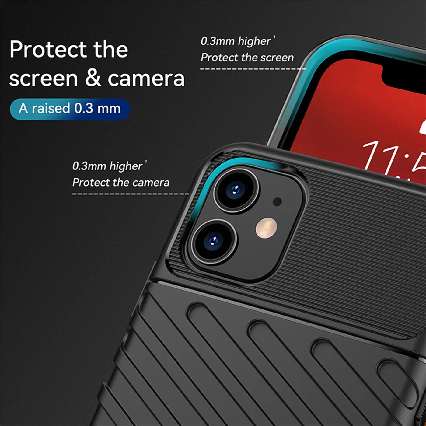 Schwarze Handyhülle aus Kunststoff für iPhone 11, Nahaufnahme, Rückseite mit Kamera