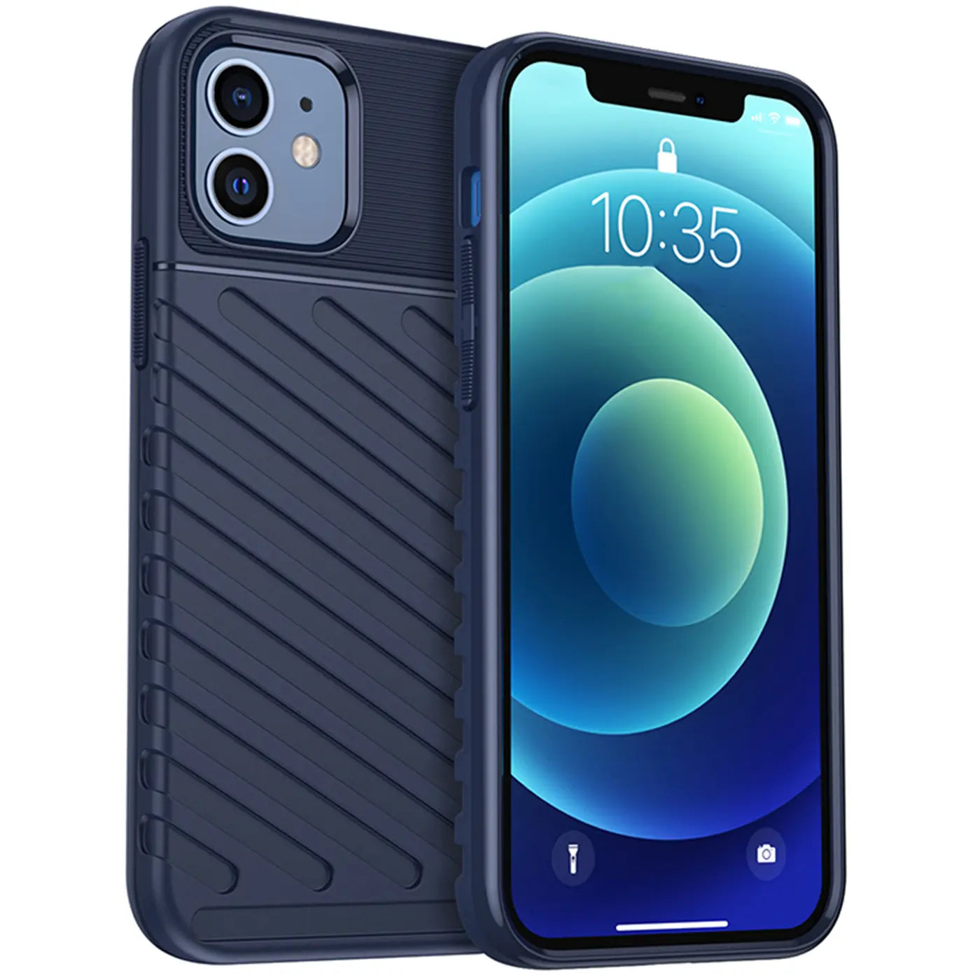 Dunkelblaue Hülle aus Gummi/Kunststoff für iPhone 12/12 Pro, Rückansicht und Vorderseite.