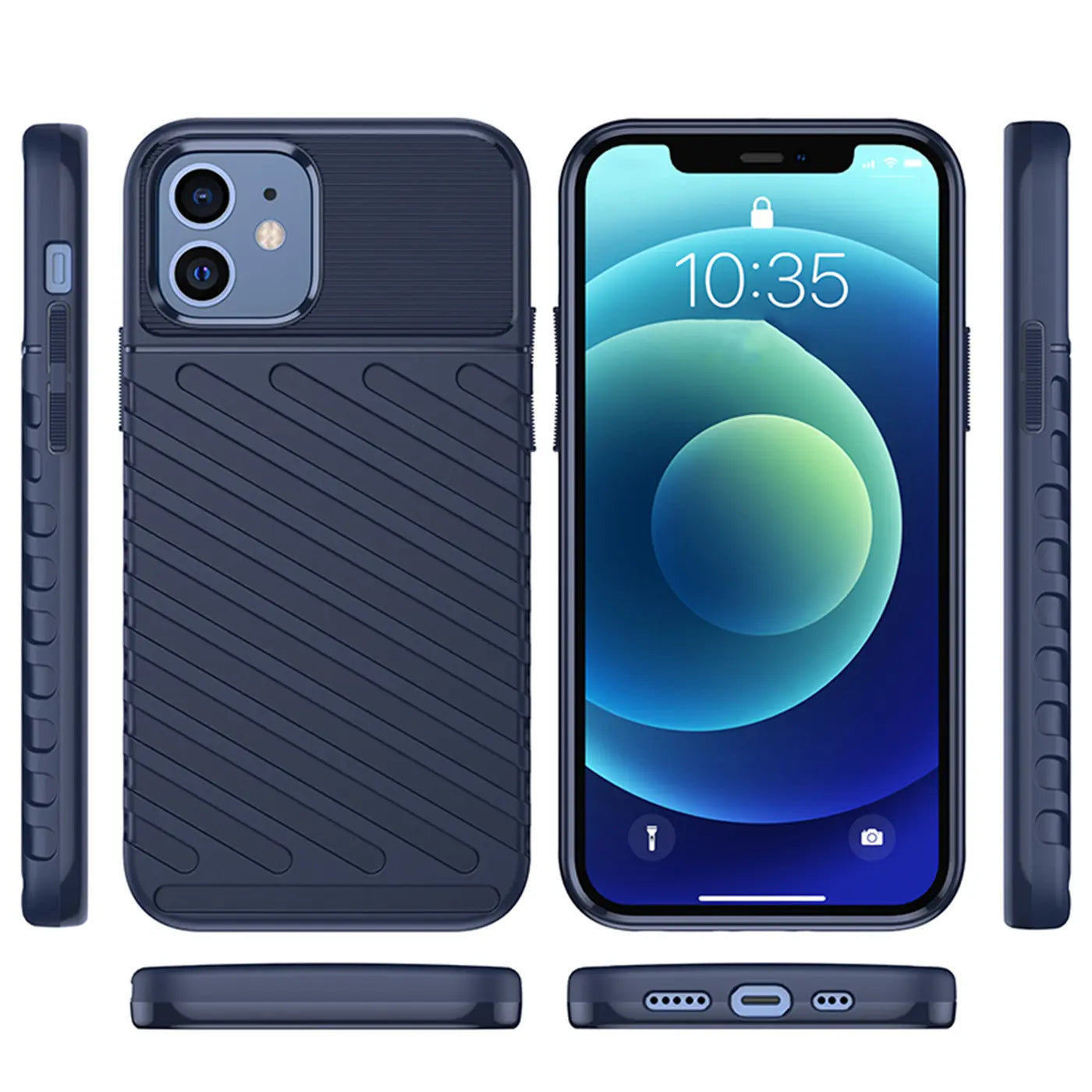 Dunkelblaue Hülle aus Kunststoff für iPhone 12/12 Pro, verschiedene Ansichten.