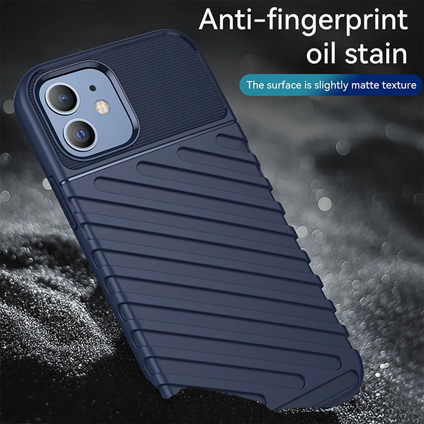 Dunkelblaue Handyhülle aus Kunststoff für iPhone 12/12 Pro, Seitenansicht.