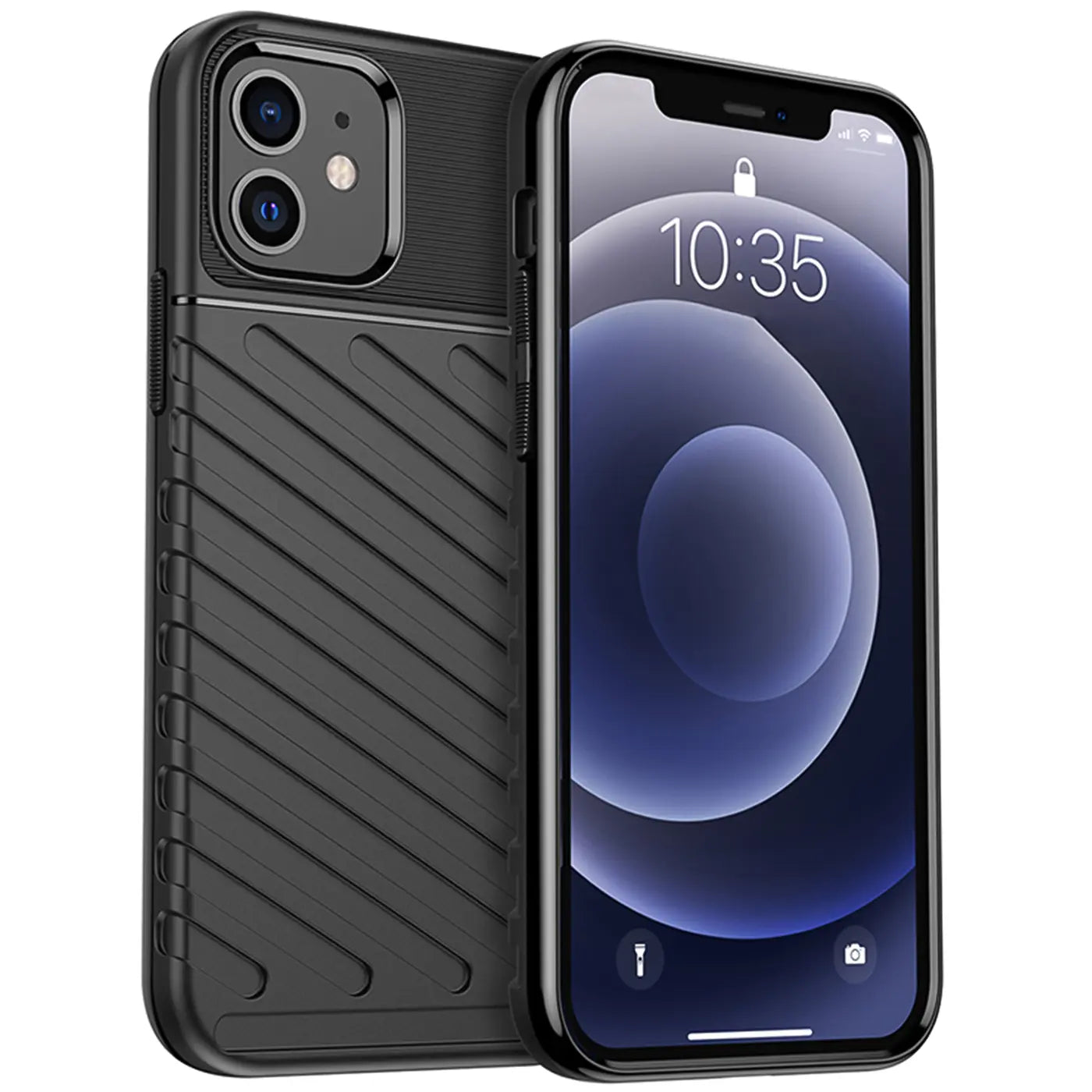 Schwarze Hülle aus Gummi für iPhone 12 / 12 Pro, Rückansicht mit Kamera, Vorderansicht mit Display.