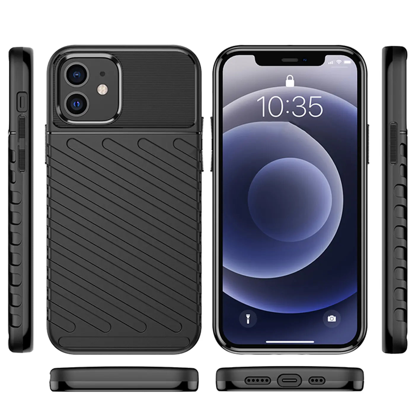 Schwarze Handyhülle aus Kunststoff, verschiedene Ansichten, mit iPhone 12 / 12 Pro
