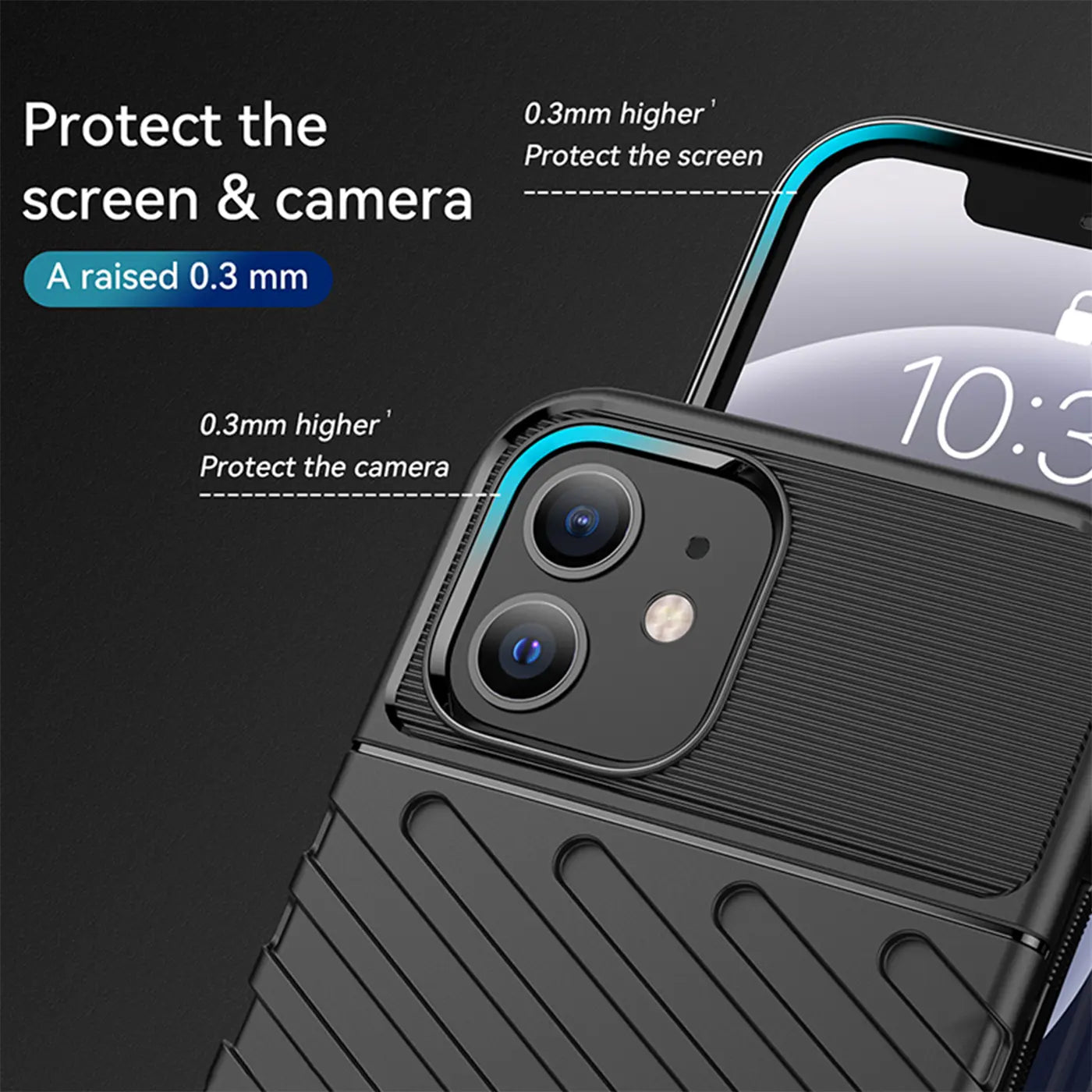 Schwarze Hülle aus Kunststoff, Nahaufnahme der Rückseite eines iPhone 12/12 Pro mit Kamera.