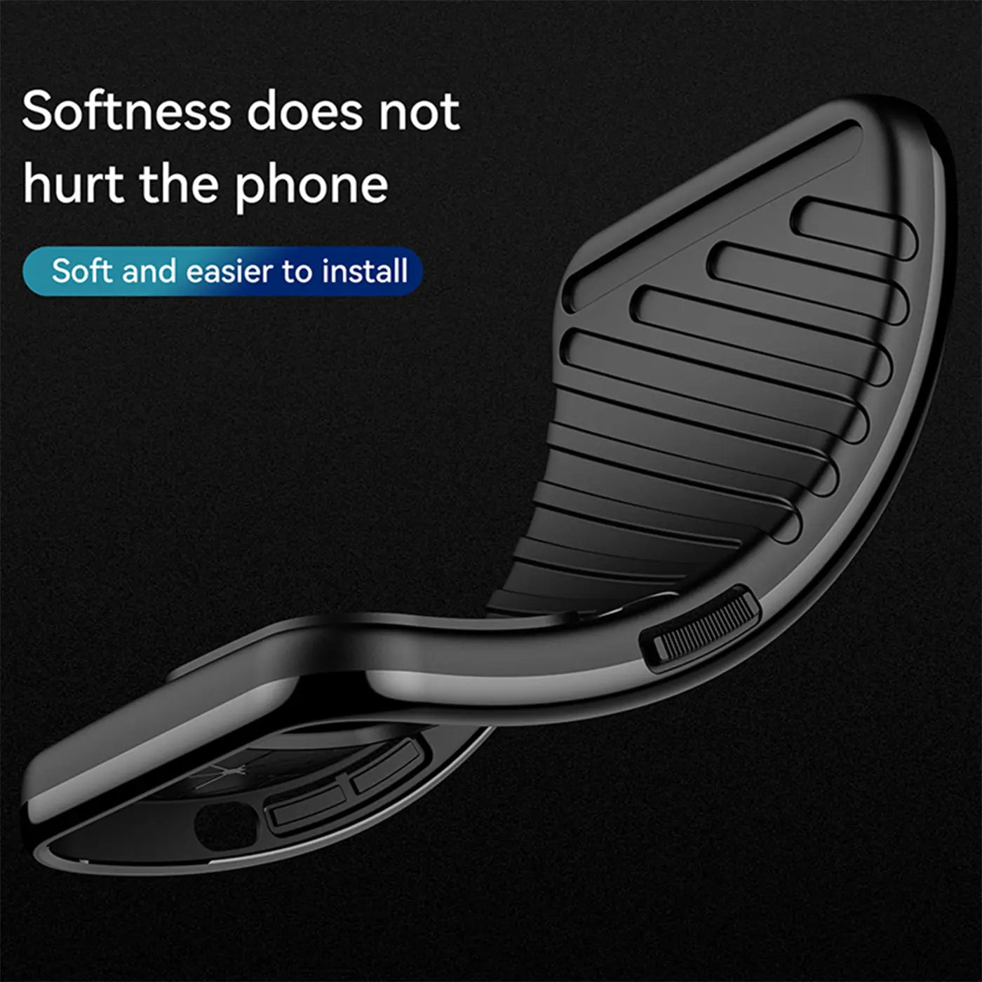 Schwarze, flexible Handyhülle aus Silikon, Seitenansicht, zeigt iPhone 12 / 12 Pro Hülle.