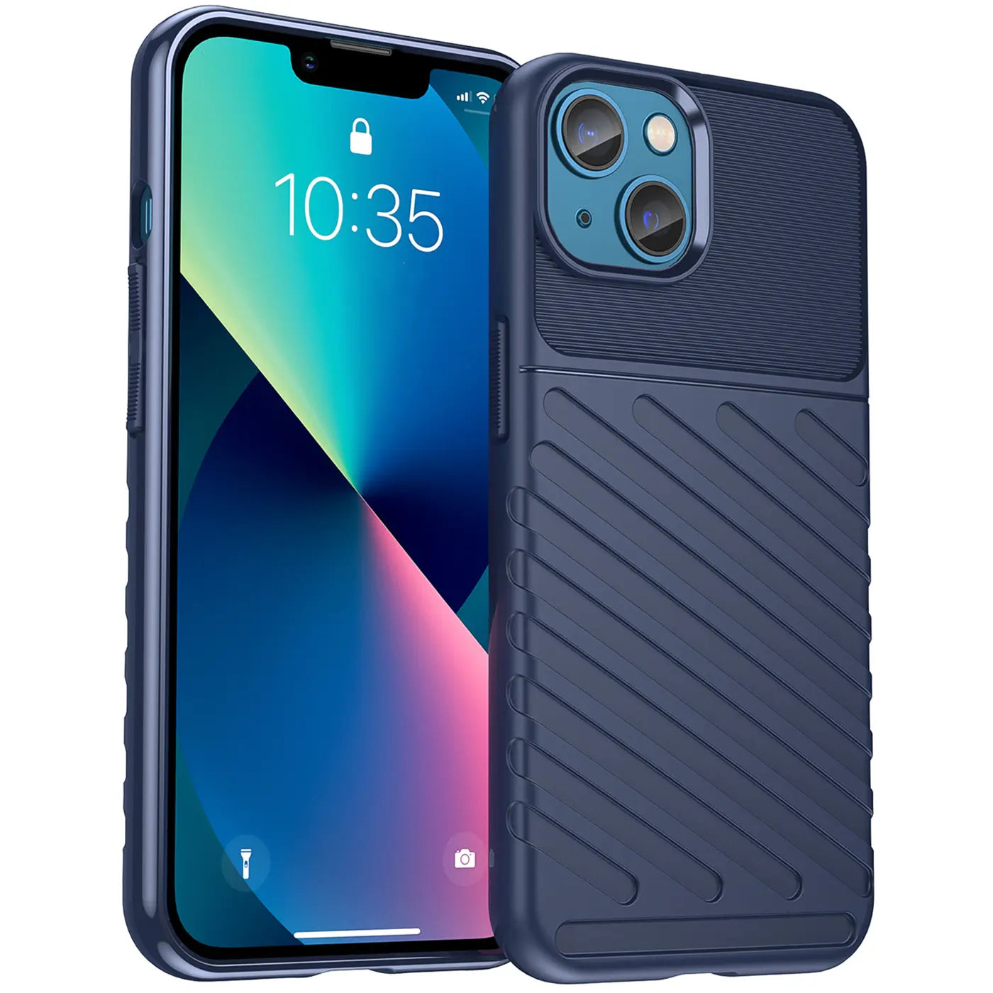 Dunkelblaue Handyhülle aus Kunststoff mit Rillenmuster, seitliche Ansicht, iPhone 13.