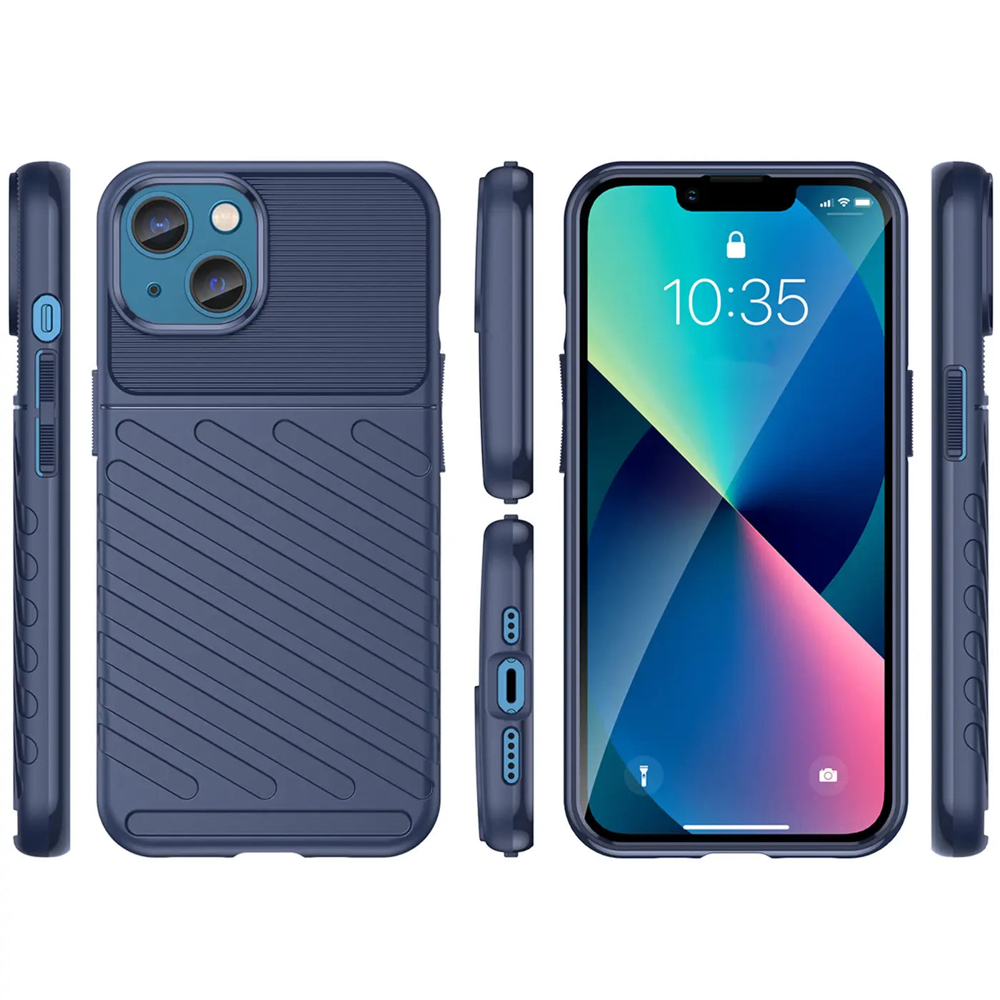 Dunkelblaue Handyhülle aus Kunststoff, verschiedene Ansichten, mit iPhone 13.