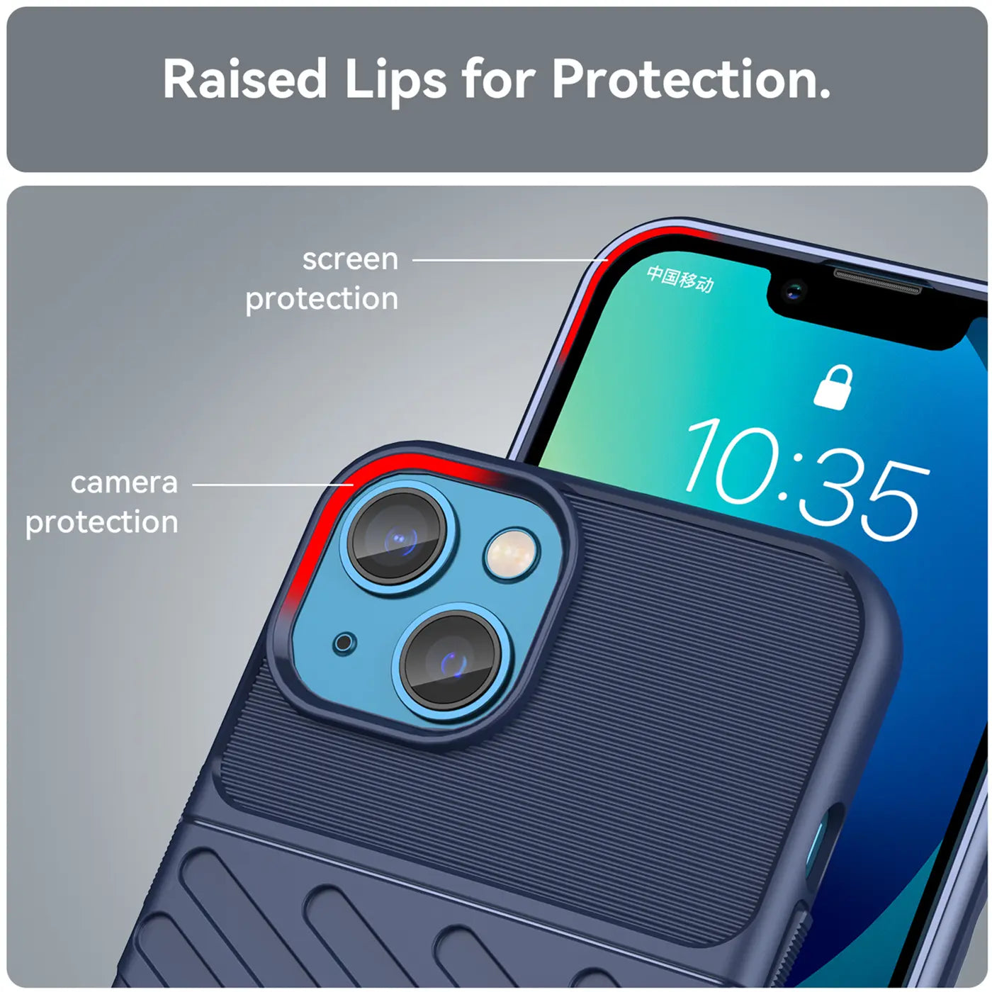 Dunkelblaue Handyhülle aus Kunststoff, Nahaufnahme, iPhone 13 mit Kamera- und Bildschirmschutz.