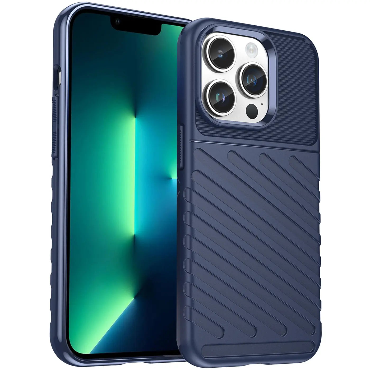 Dunkelblaue Hülle aus Kunststoff, schräg von vorne, mit iPhone 13 Pro.