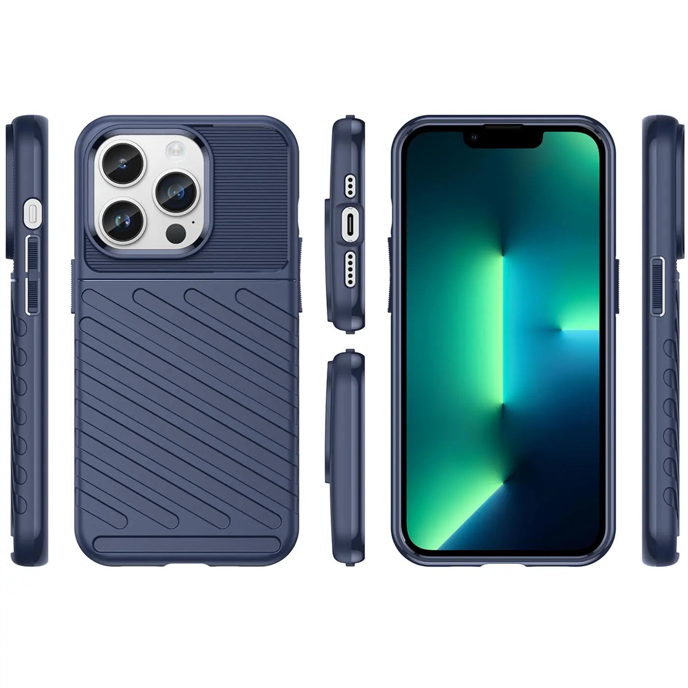 Dunkelblaue Handyhülle aus Kunststoff, von vorne, Seite, Rückseite und mit iPhone 13 Pro.