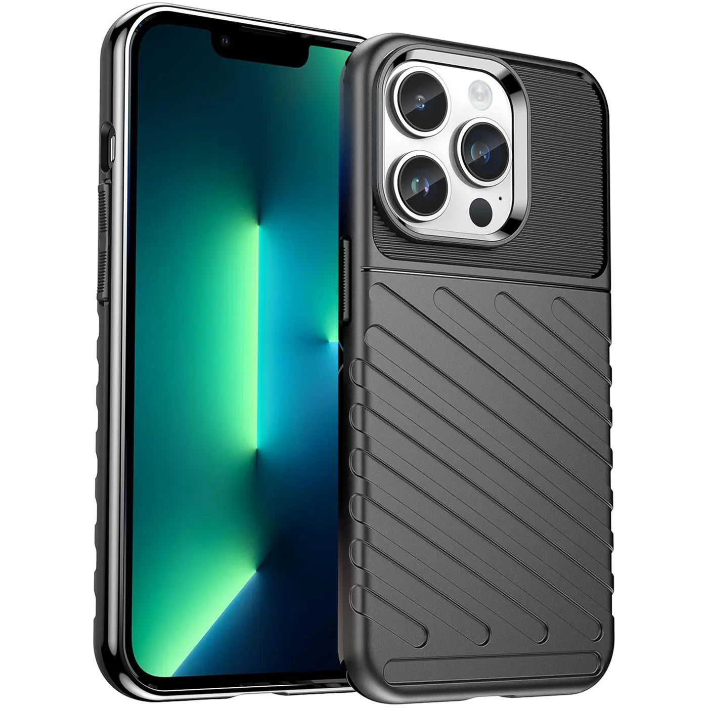 Schwarze Hülle aus Gummi/Kunststoff für iPhone 13 Pro, von vorne, Nahaufnahme.