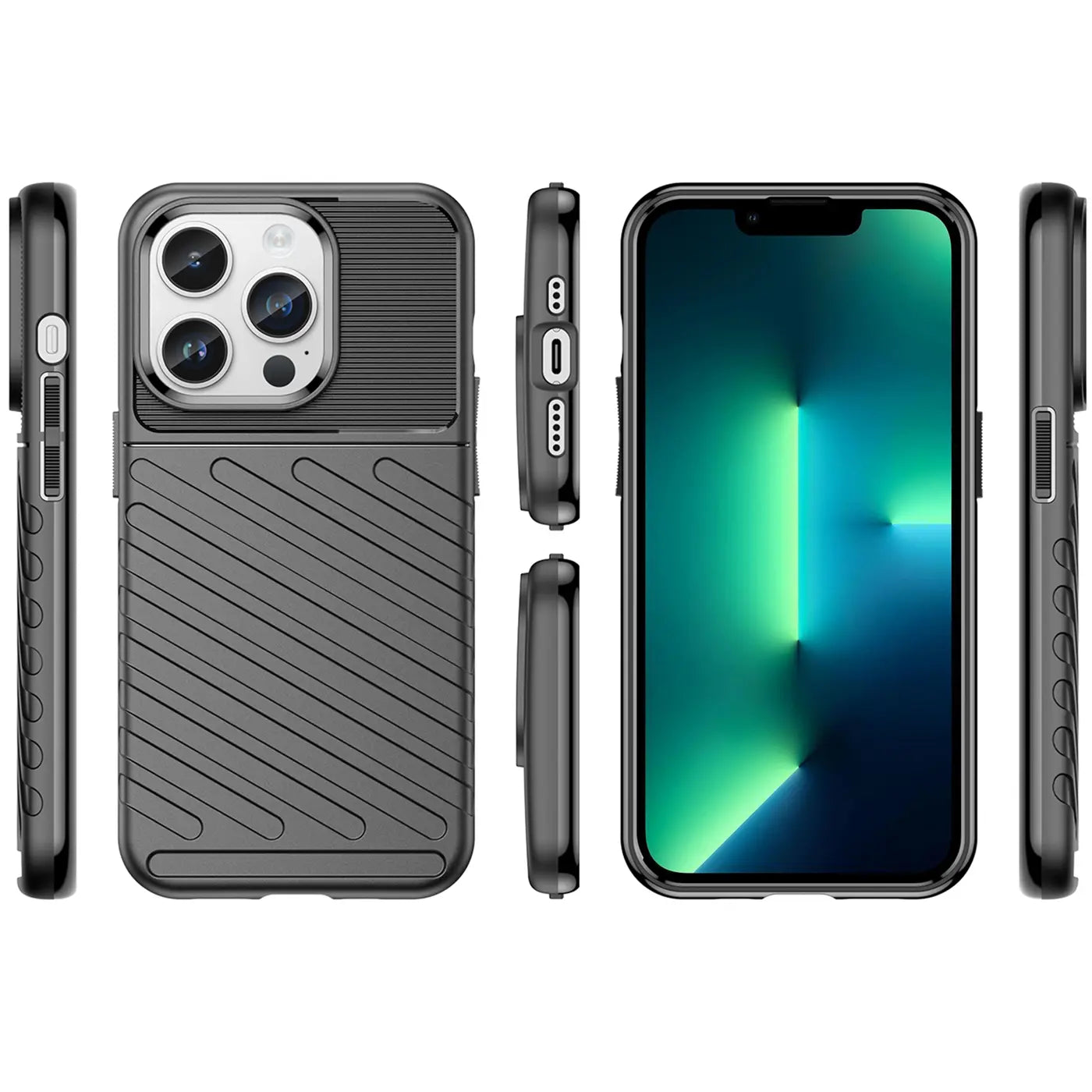 Dunkelgraue Handyhülle aus Gummi für iPhone 13 Pro, verschiedene Ansichten.