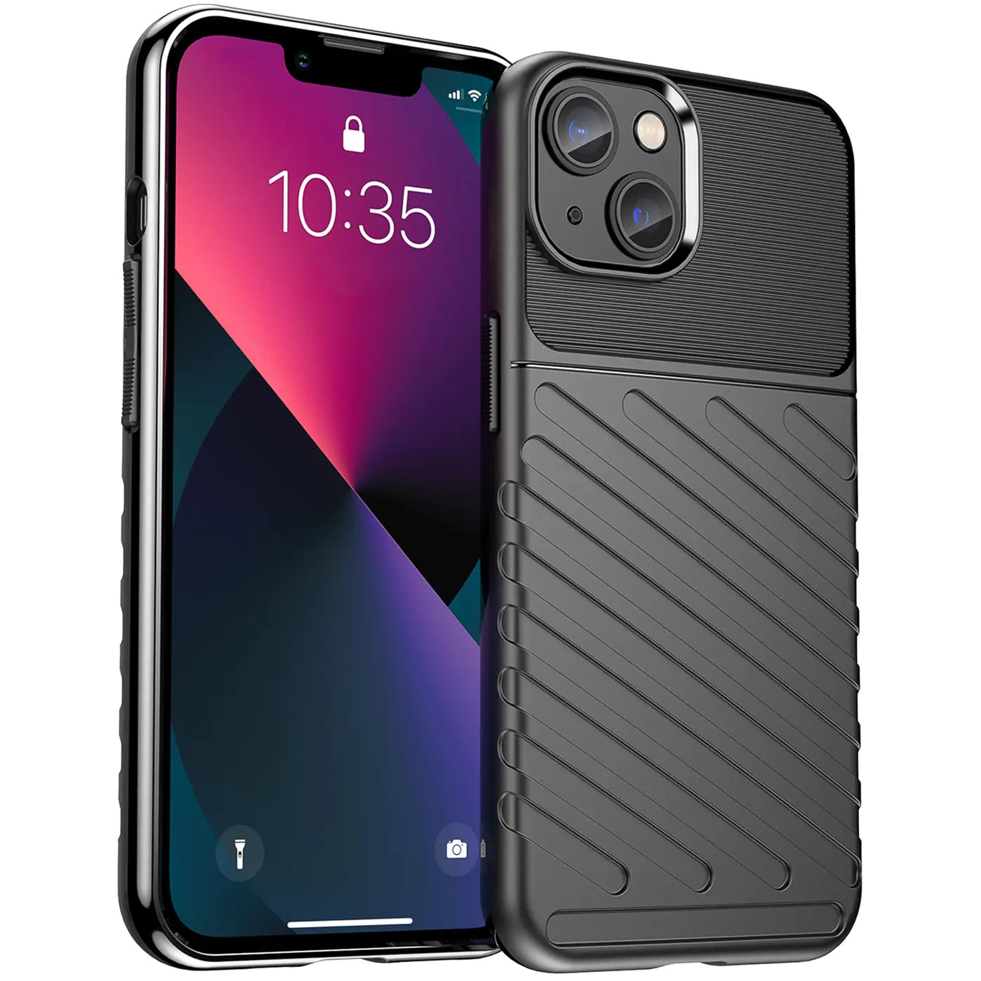 Schwarze, stoßfeste Handyhülle aus Kunststoff mit Rillenmuster, daneben ein iPhone 13, von vorne/seitlich.