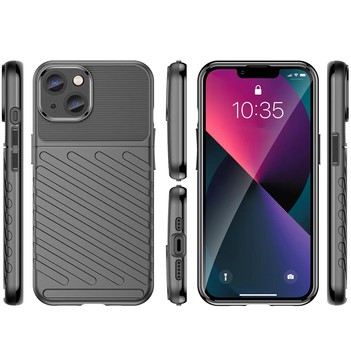 Dunkelgraue Handyhülle aus Kunststoff, verschiedene Ansichten, mit iPhone 13