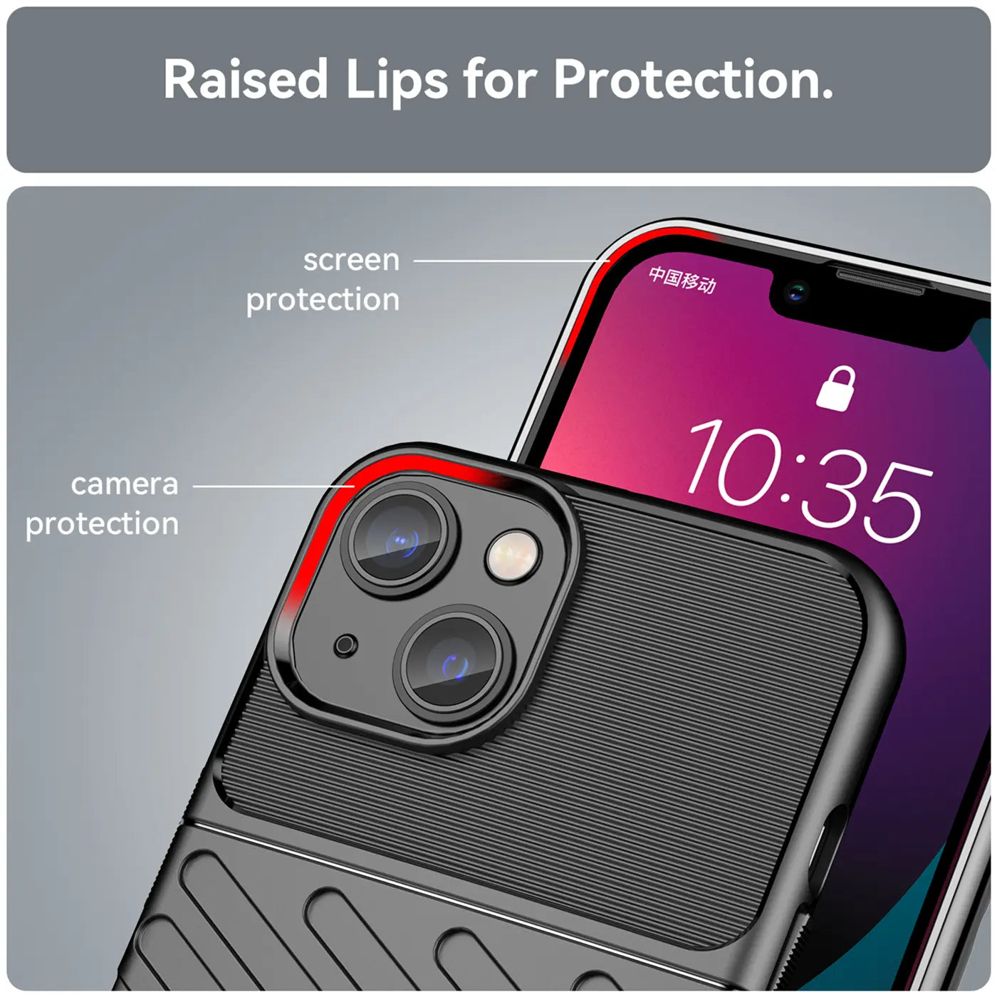Schwarze Handyhülle aus Kunststoff, Nahaufnahme, iPhone 13 mit Kamerainsel und rotem Rand.