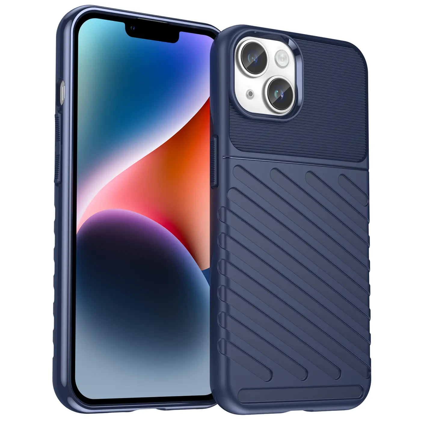 Dunkelblaue Hülle aus Kunststoff mit Rillenmuster, seitliche Ansicht, neben iPhone 14.