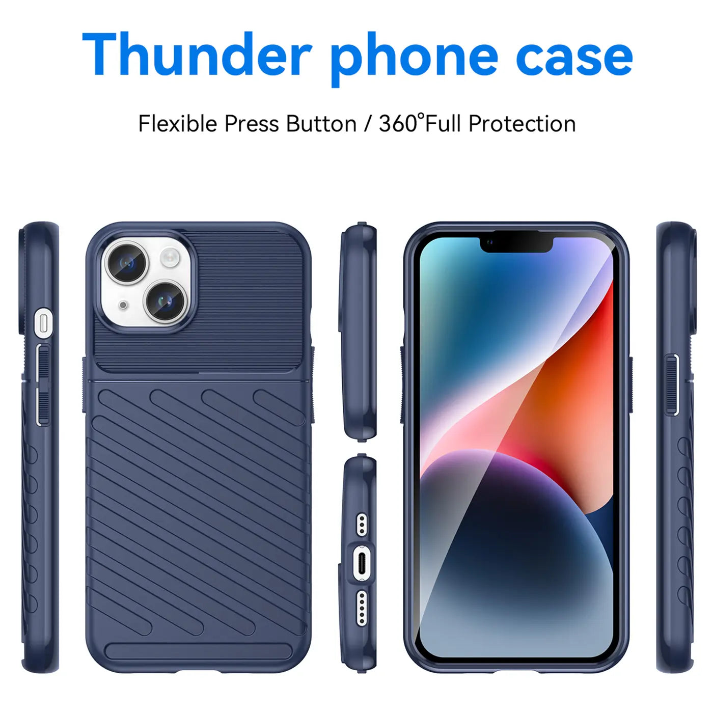 Dunkelblaue Handyhülle aus Kunststoff für iPhone 14, von vorne, Seite, Rückseite und mit Gerät.