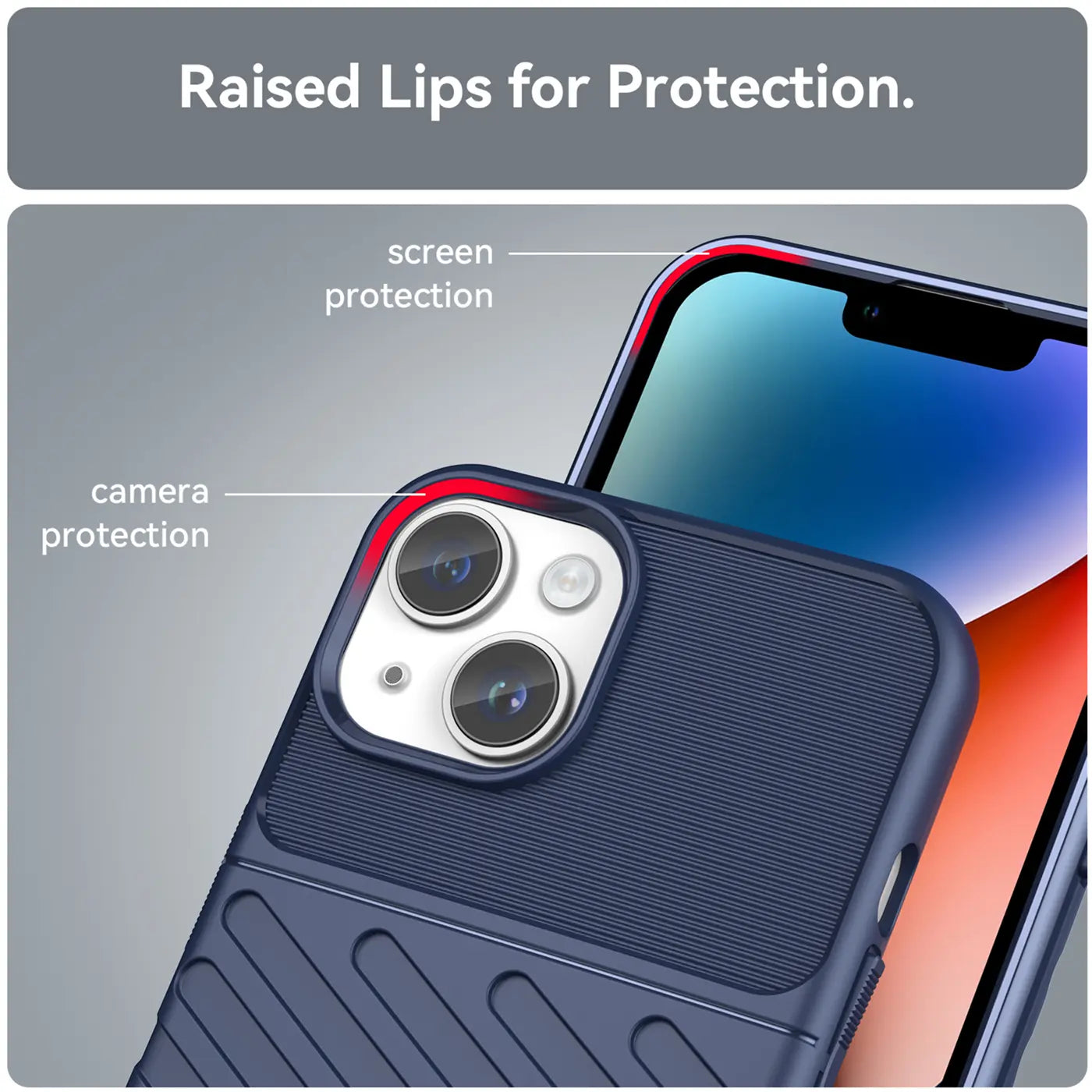 Dunkelblaue Handyhülle aus Kunststoff, Nahaufnahme, iPhone 14 mit Kamera- und Bildschirmschutz.