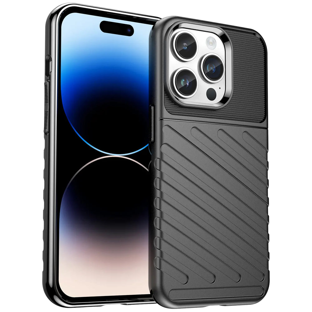 Schwarze Handyhülle aus Gummi mit Rillenmuster, seitliche Ansicht, iPhone 14 Pro Max.