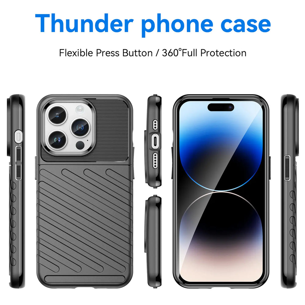 Schwarze Handyhülle aus Kunststoff, verschiedene Ansichten, zeigt iPhone 14 Pro Max