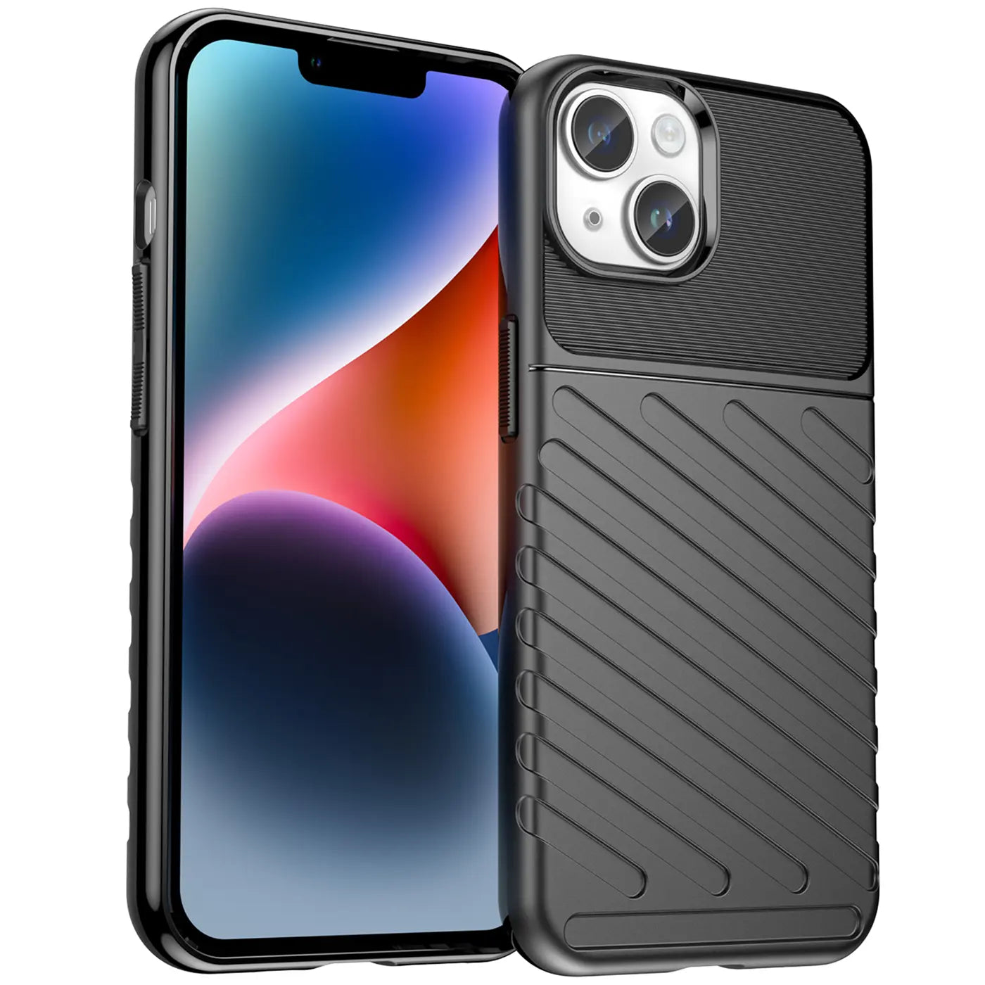 Schwarze Hülle aus Gummi für iPhone 14, von vorne schräg fotografiert.
