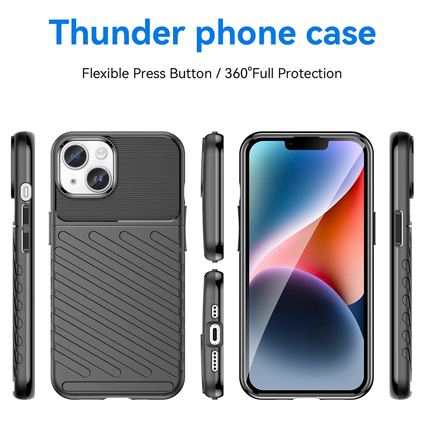 Schwarze Handyhülle aus Kunststoff für iPhone 14, von vorne, Seite, Rückseite und mit Gerät.