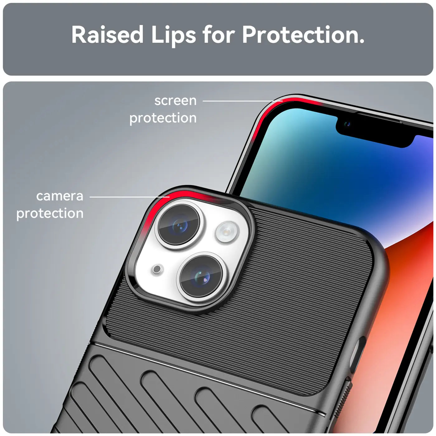 Schwarze Hülle aus Kunststoff, von hinten/schräg, zeigt iPhone 14 Kamera & Display.