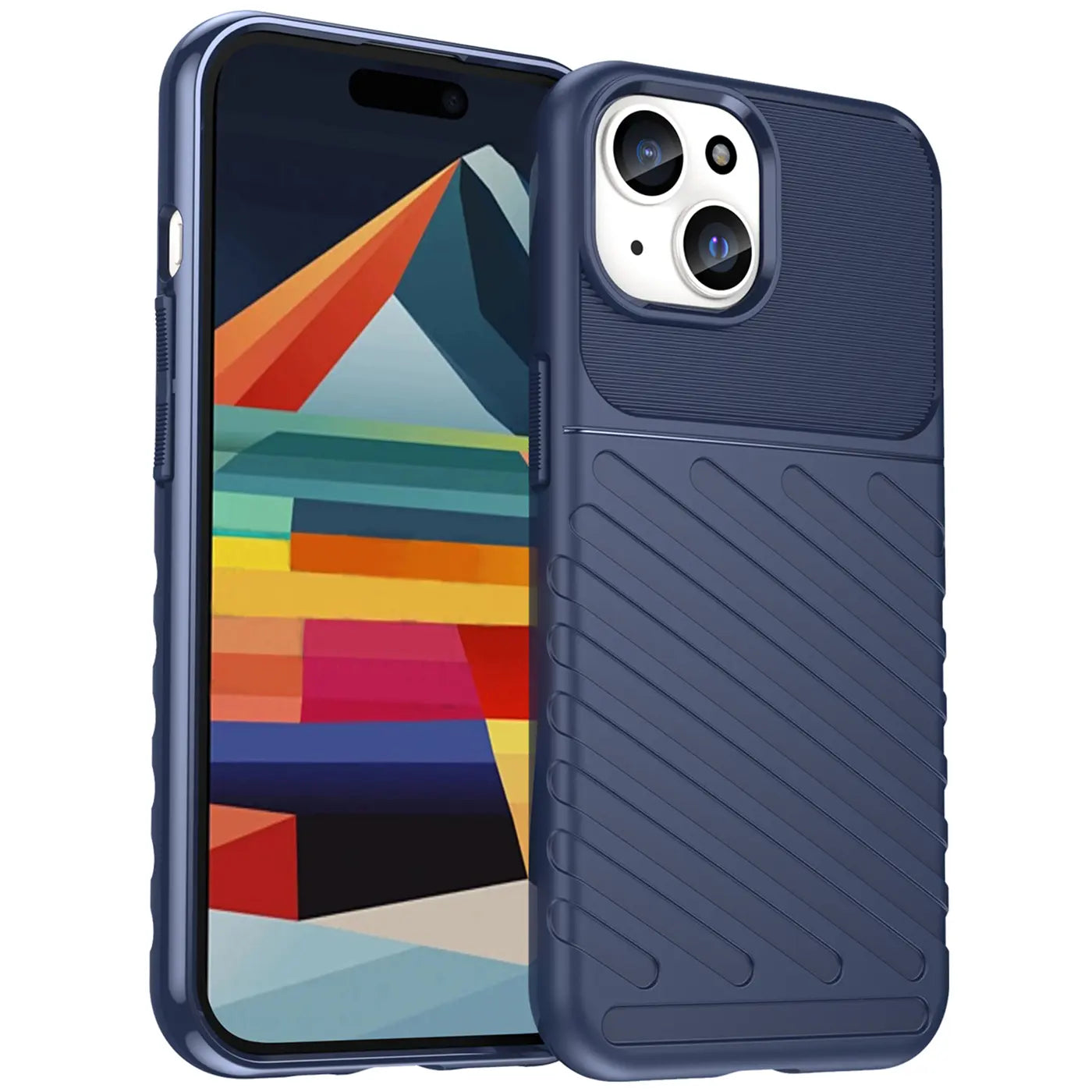Dunkelblaue Handyhülle aus Kunststoff, schräg von vorne, zeigt iPhone 15 mit buntem Hintergrund.