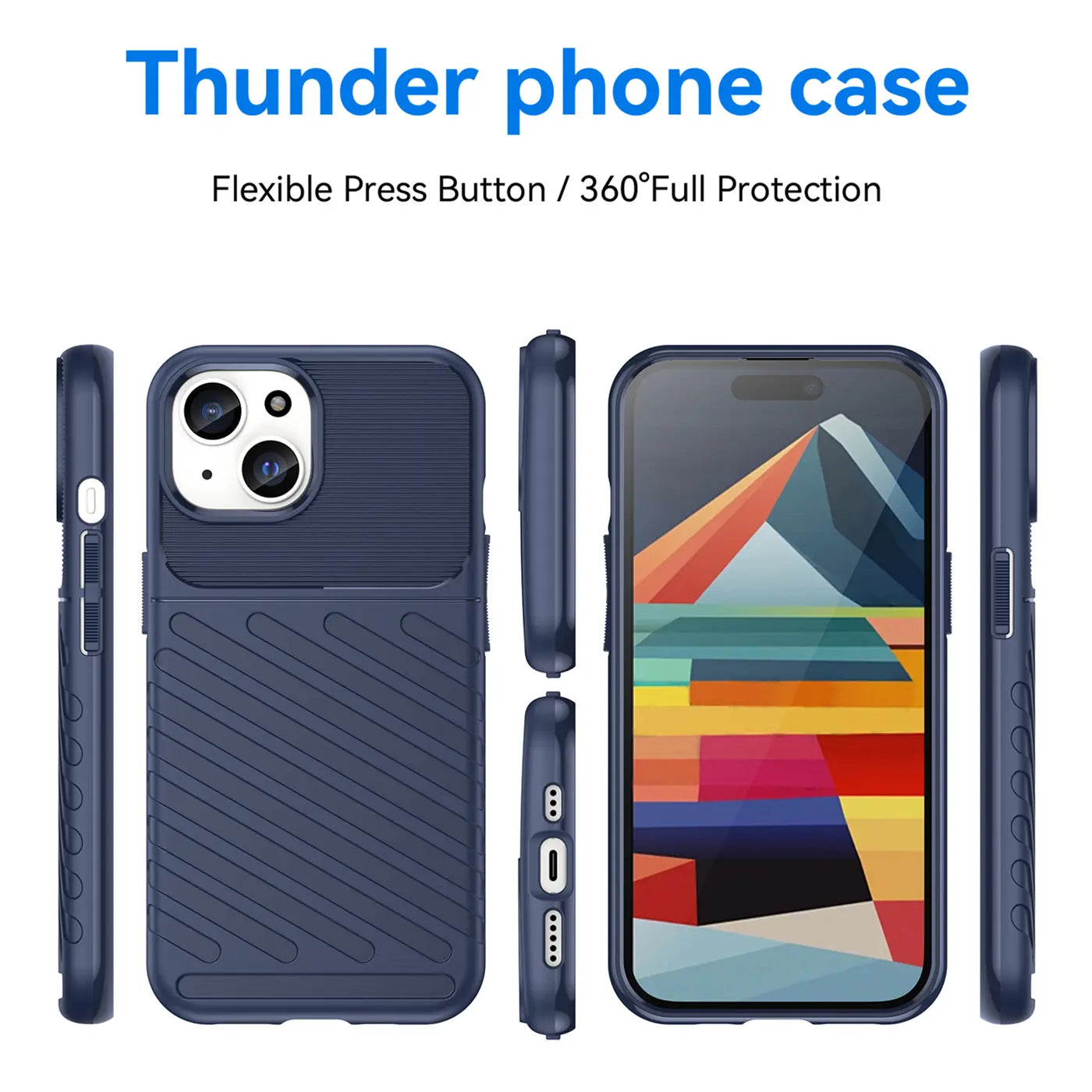 Dunkelblaue Handyhülle aus Kunststoff, verschiedene Ansichten, mit iPhone 15