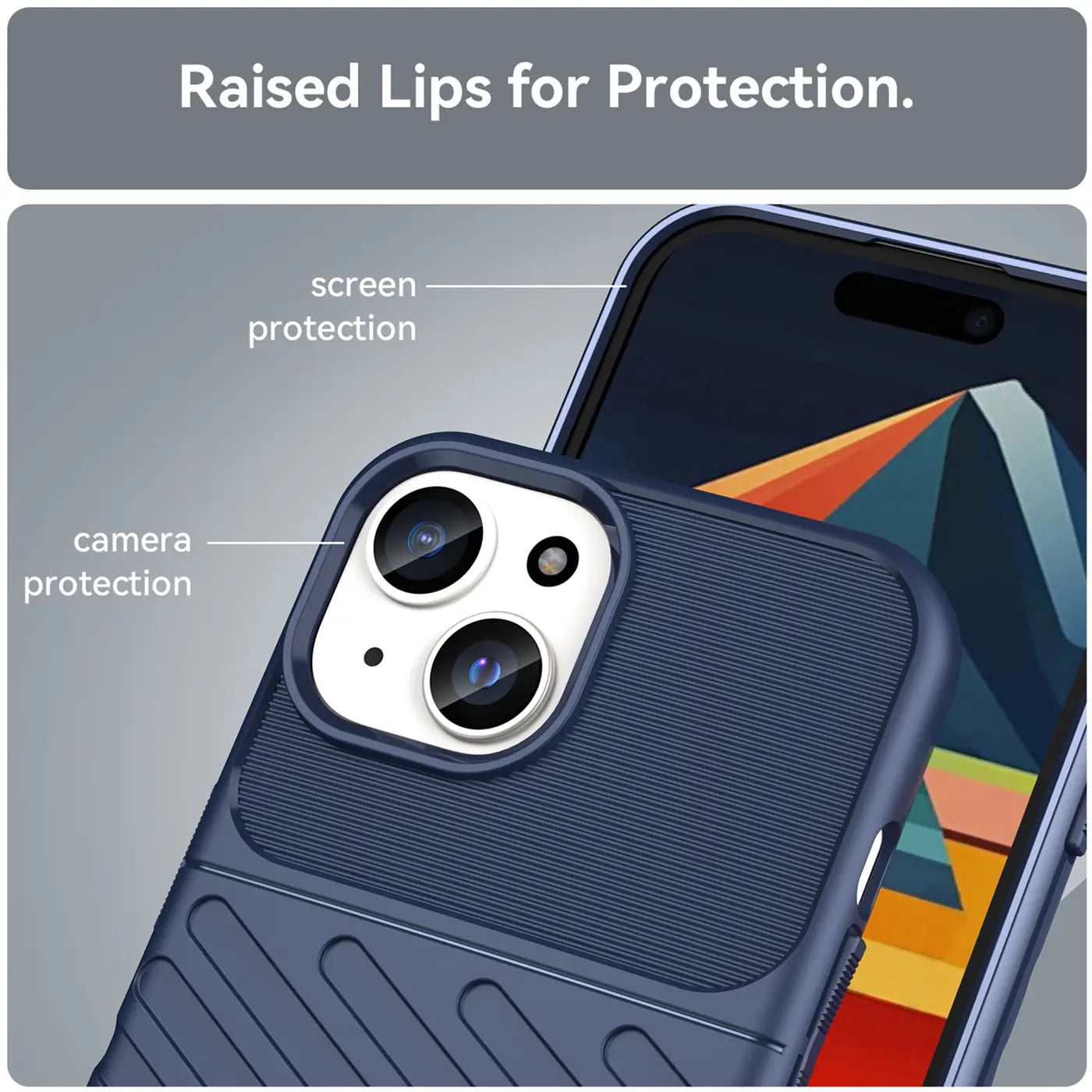 Dunkelblaue Handyhülle aus Kunststoff, Nahaufnahme, iPhone 15 mit Kamera- und Displayschutz.