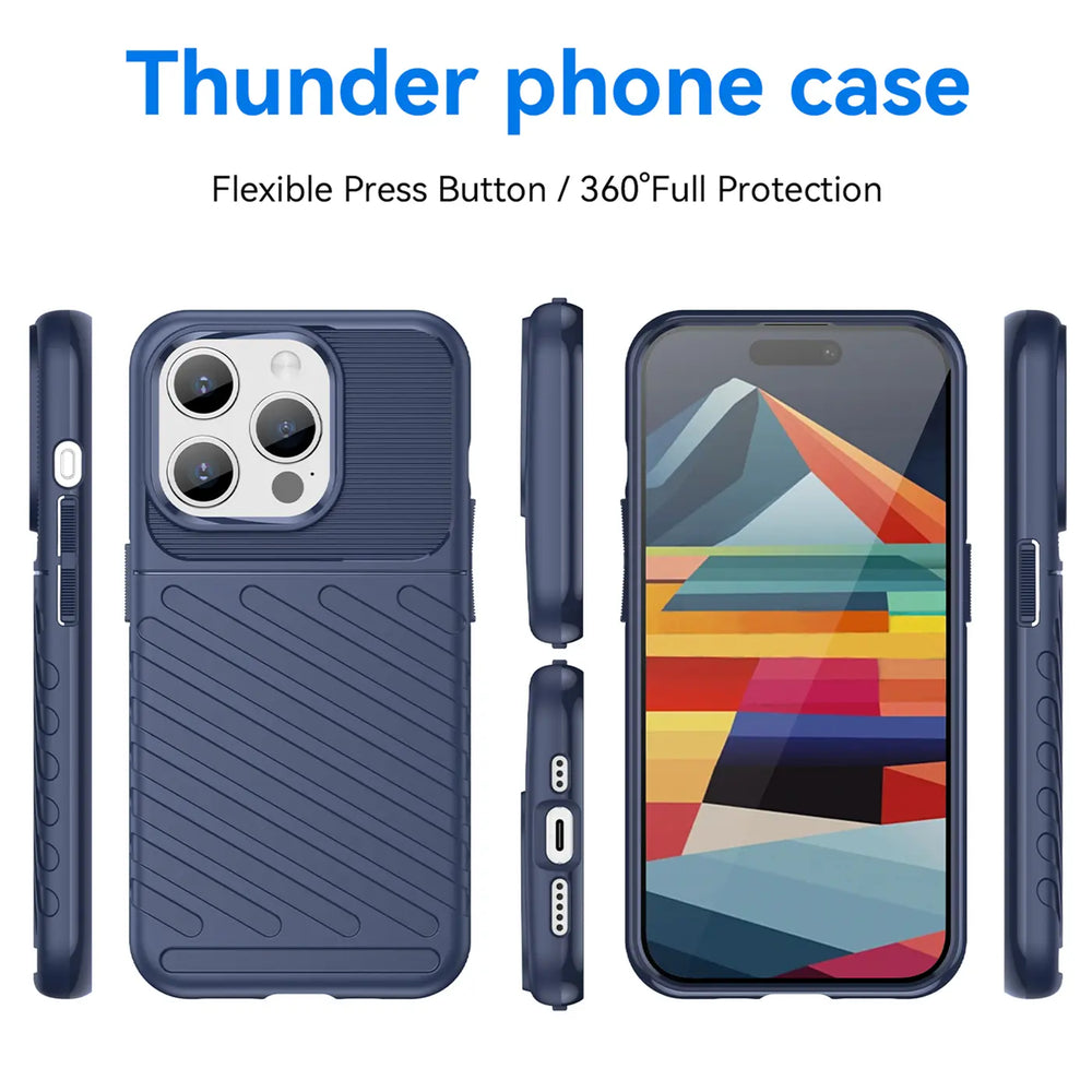 Dunkelblaue Handyhülle aus Kunststoff, verschiedene Ansichten, zeigt iPhone 15 Pro Max.