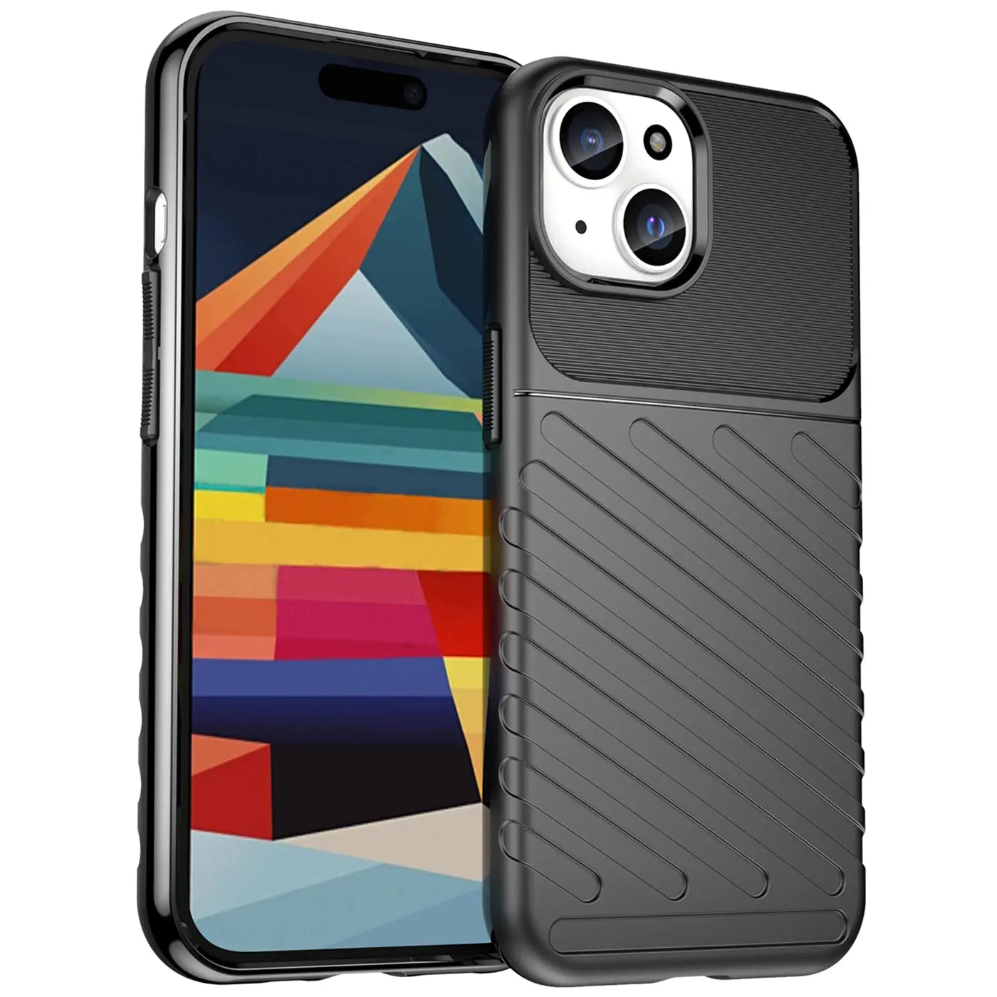 Dunkelgraue Handyhülle aus Kunststoff, schräg von vorne, zeigt iPhone 15 mit buntem Hintergrund.