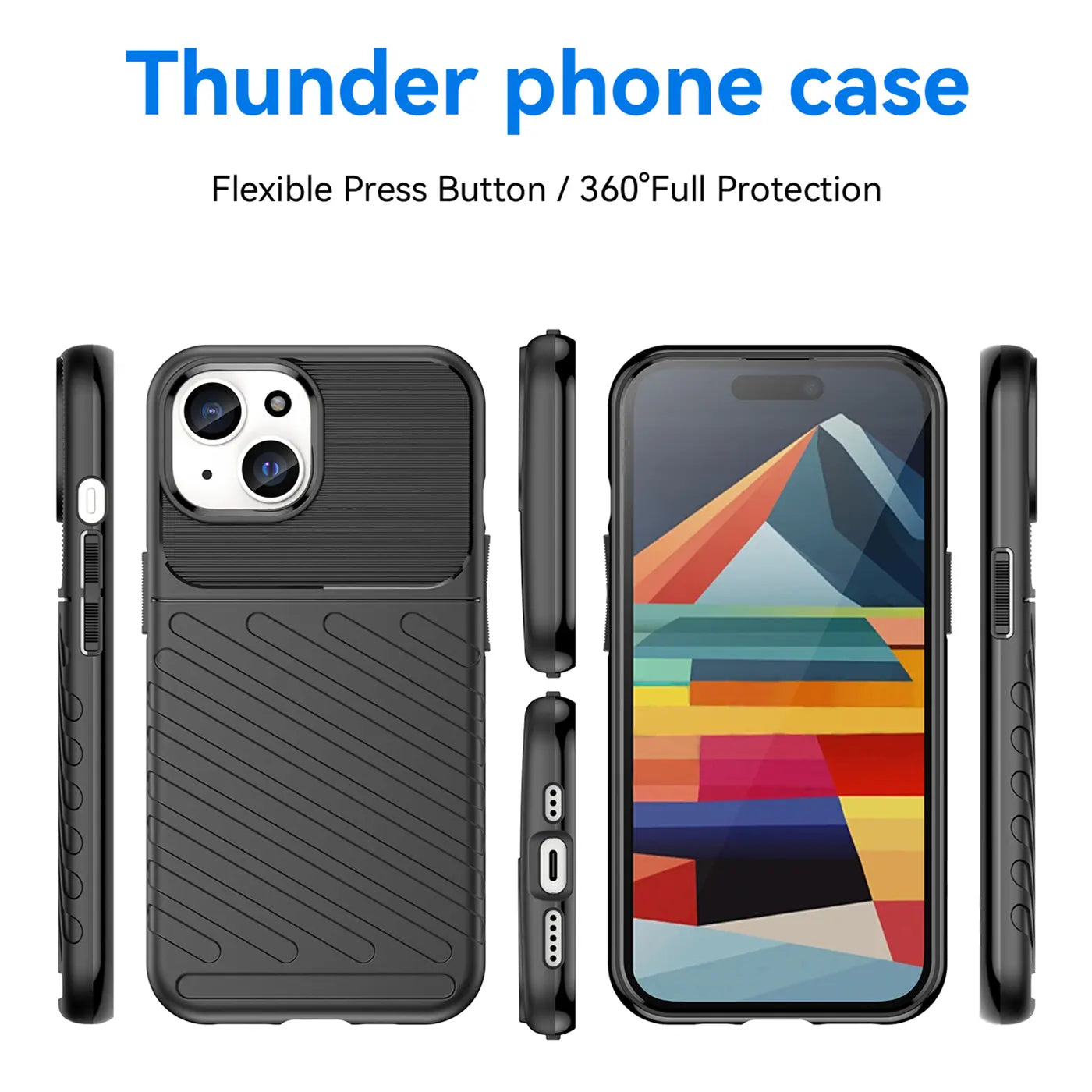 Schwarze Handyhülle aus Kunststoff, verschiedene Ansichten, mit iPhone 15