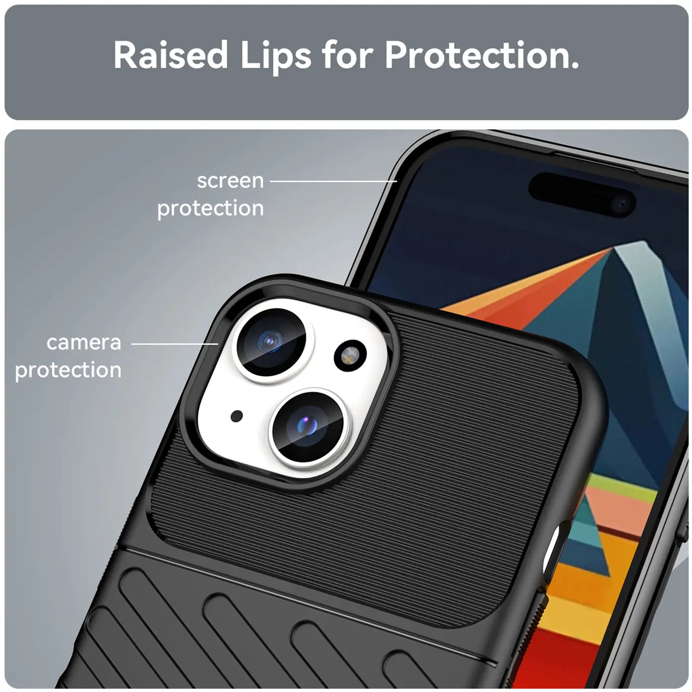 Schwarze Handyhülle aus Kunststoff, Nahaufnahme, iPhone 15 mit Kamerainsel und erhöhten Rändern.