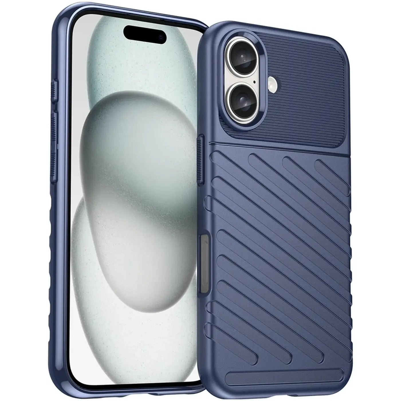 Dunkelblaue Handyhülle aus Kunststoff, schräg von vorne, mit iPhone 16