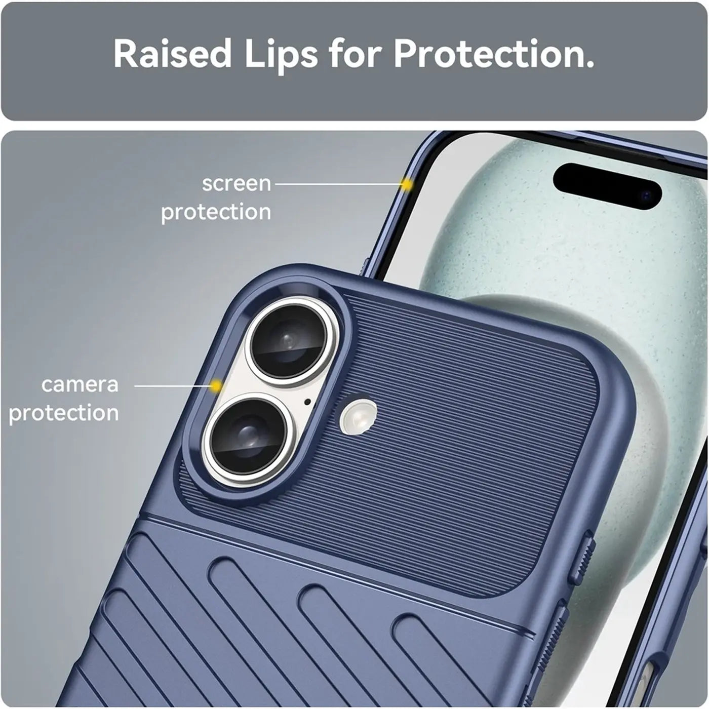 Dunkelblaue Handyhülle aus Kunststoff, Nahaufnahme, zeigt Kamera- und Bildschirmschutz an iPhone 16.