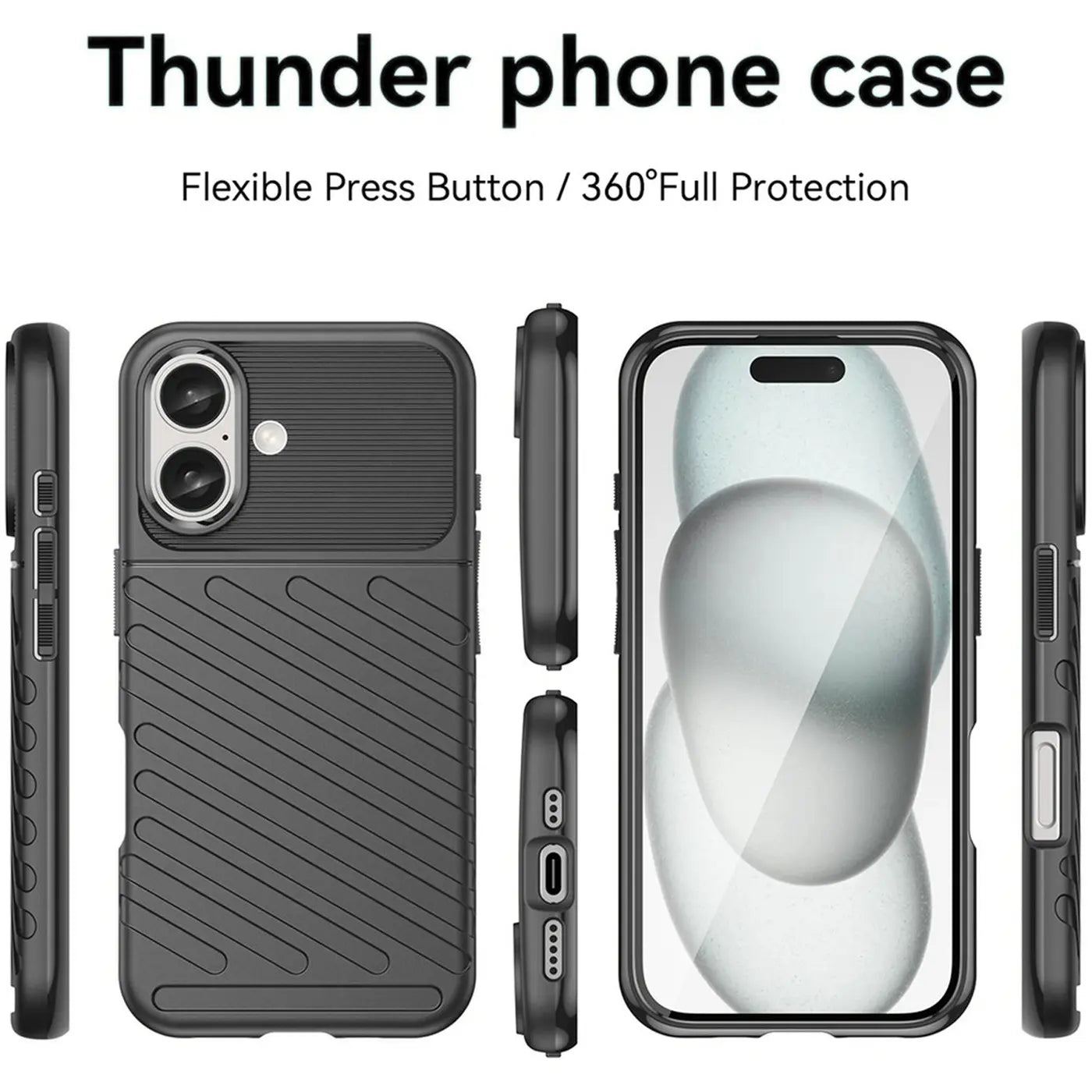 Schwarze Handyhülle aus Kunststoff, verschiedene Ansichten, zeigt iPhone 16 Plus.