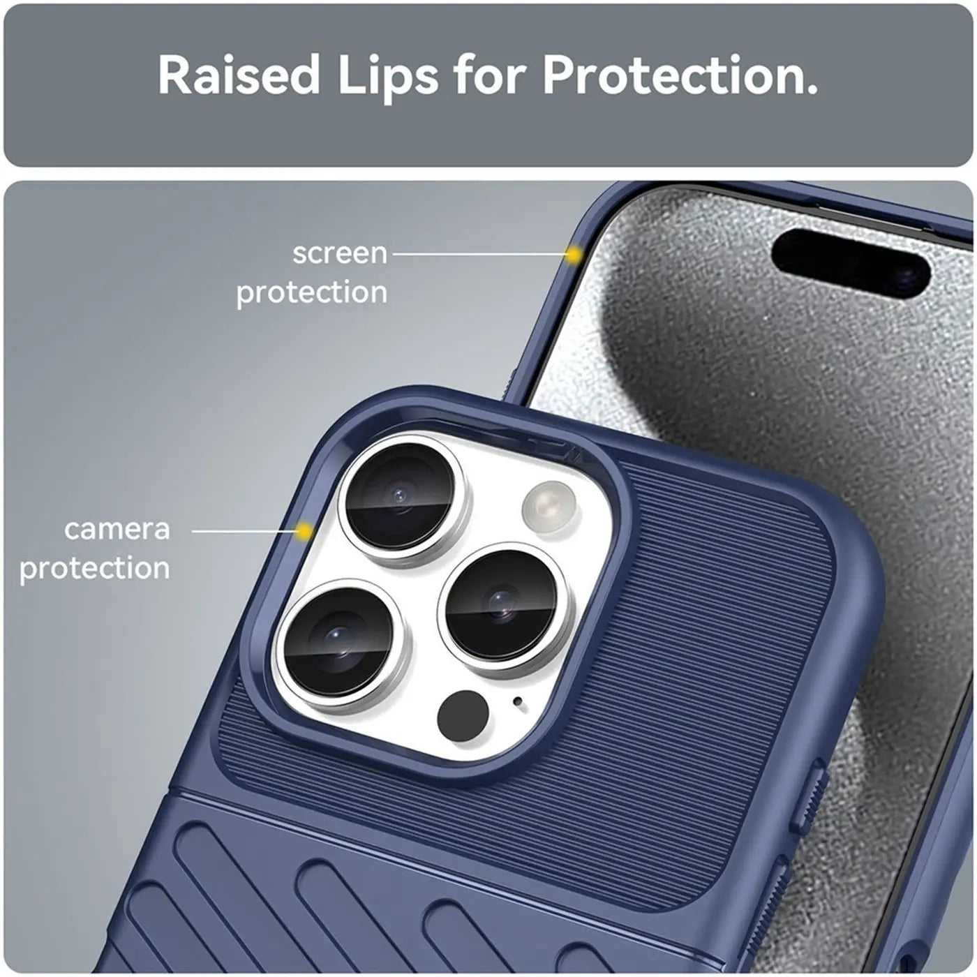 Dunkelblaue Handyhülle aus Kunststoff, Nahaufnahme der Kamera und des Bildschirms eines iPhones 16 Pro.