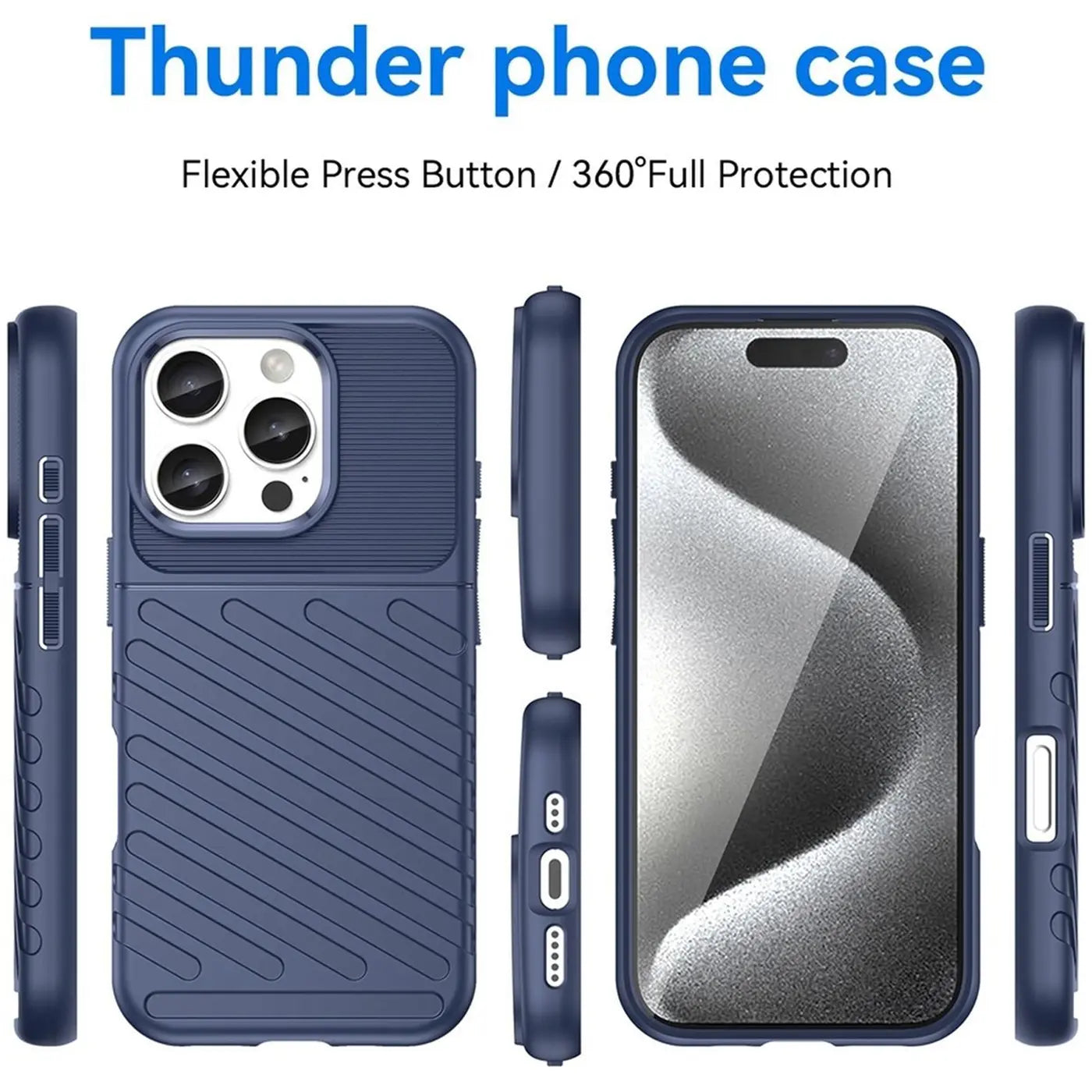 Dunkelblaue Handyhülle aus Kunststoff, Vorder-, Rück- und Seitenansicht, für iPhone 16 Pro.
