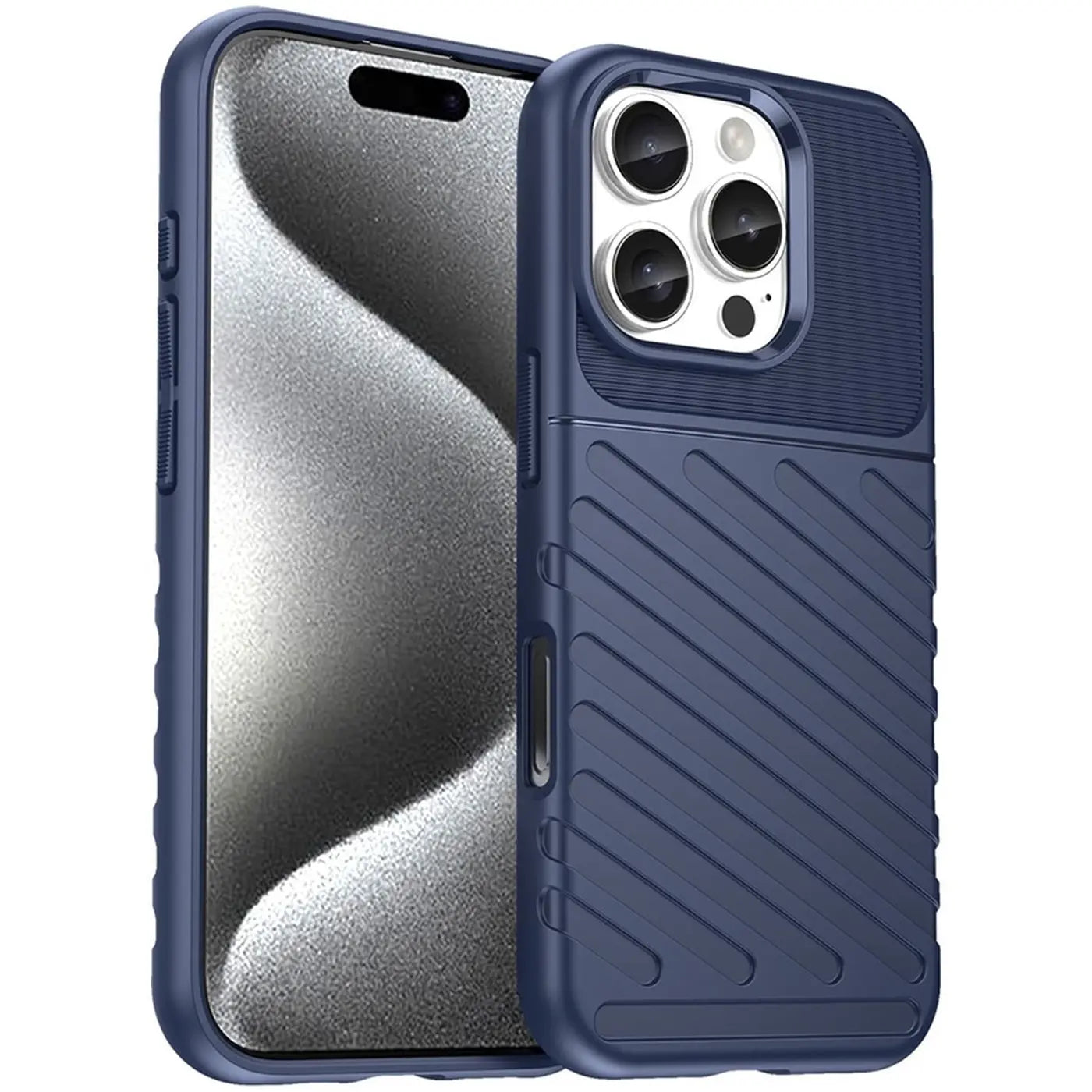 Blaue Handyhülle aus Kunststoff mit Rillenmuster, seitliche Ansicht, zeigt iPhone 16 Pro Max.