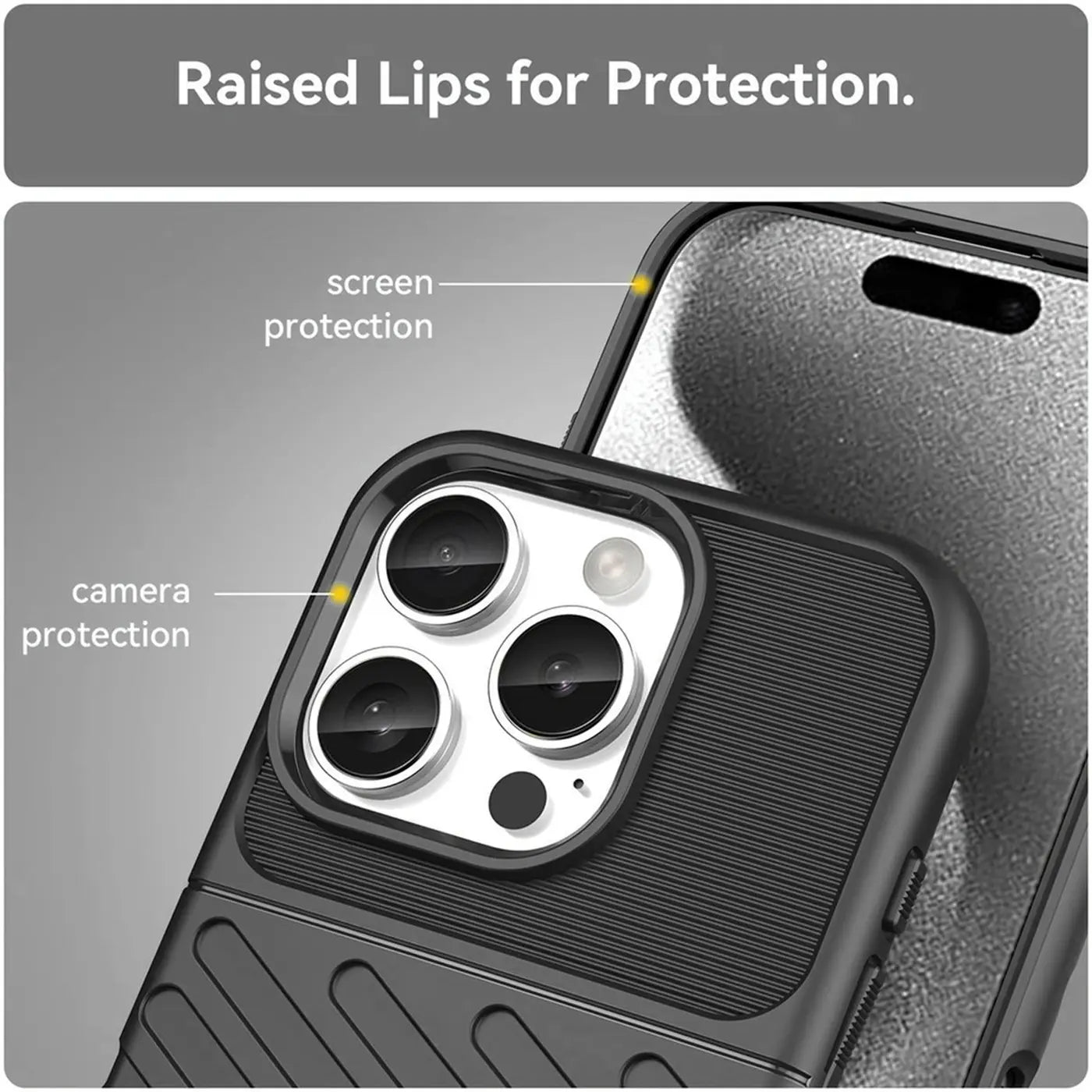 Schwarze Handyhülle aus Kunststoff, Nahaufnahme der Kamera und des Bildschirms eines iPhones.