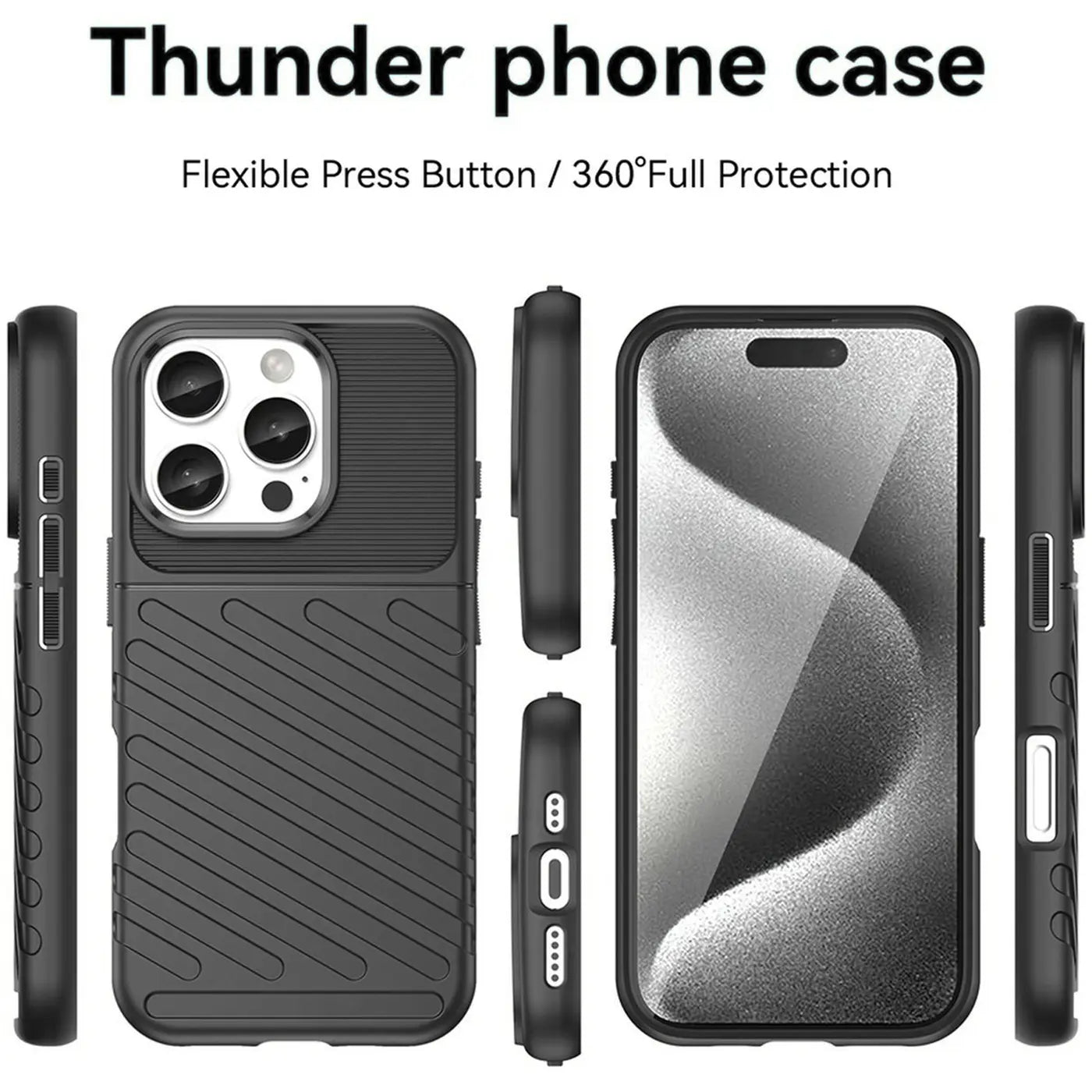 Schwarze Handyhülle aus Gummi, verschiedene Ansichten, zeigt iPhone 16 Pro Max