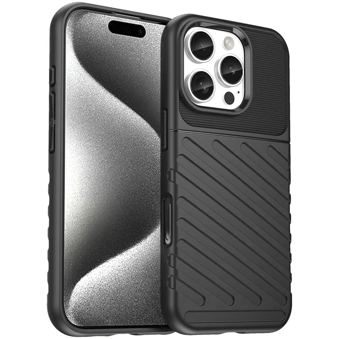 Schwarze Hülle aus Gummi/Kunststoff für iPhone 16 Pro, Seitenansicht.